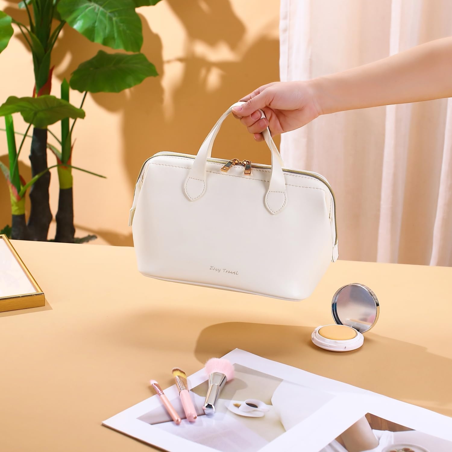image:imageFammart Travel Makeup Bag Waterproof Canvas Cosmetic Bag Make Up Organizer Case for Women Large Toiletry Bag Skincare Pouch for Toiletries Accessories BrushesPU Wide Open Beige