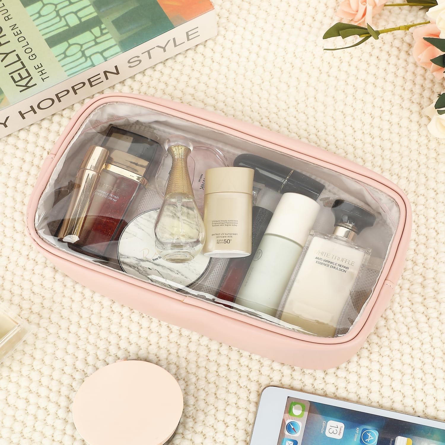 image:imageFammart Travel Makeup Bag Waterproof Canvas Cosmetic Bag Make Up Organizer Case for Women Large Toiletry Bag Skincare Pouch for Toiletries Accessories BrushesClear Large Pink