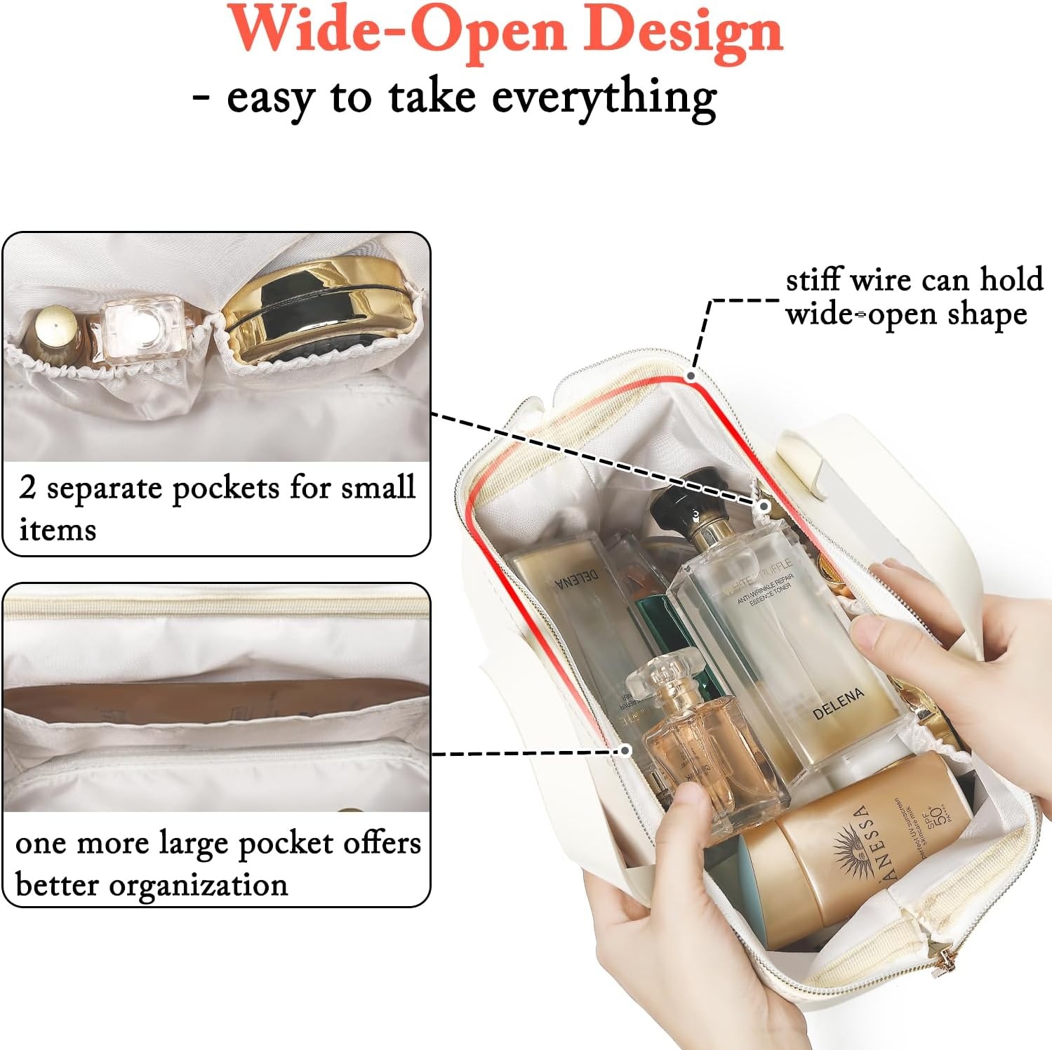image:imageFammart Travel Makeup Bag Waterproof Canvas Cosmetic Bag Make Up Organizer Case for Women Large Toiletry Bag Skincare Pouch for Toiletries Accessories BrushesPU Wide Open Beige