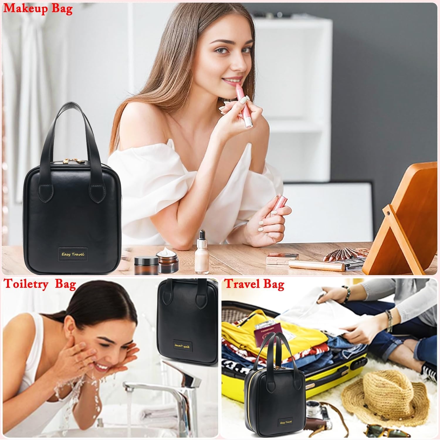 image:imageFammart Travel Makeup Bag Waterproof Canvas Cosmetic Bag Make Up Organizer Case for Women Large Toiletry Bag Skincare Pouch for Toiletries Accessories BrushesPU Flat Open Black