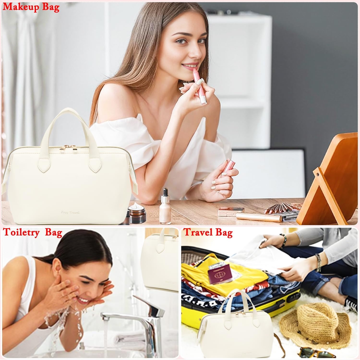 image:imageFammart Travel Makeup Bag Waterproof Canvas Cosmetic Bag Make Up Organizer Case for Women Large Toiletry Bag Skincare Pouch for Toiletries Accessories BrushesPU Wide Open Beige