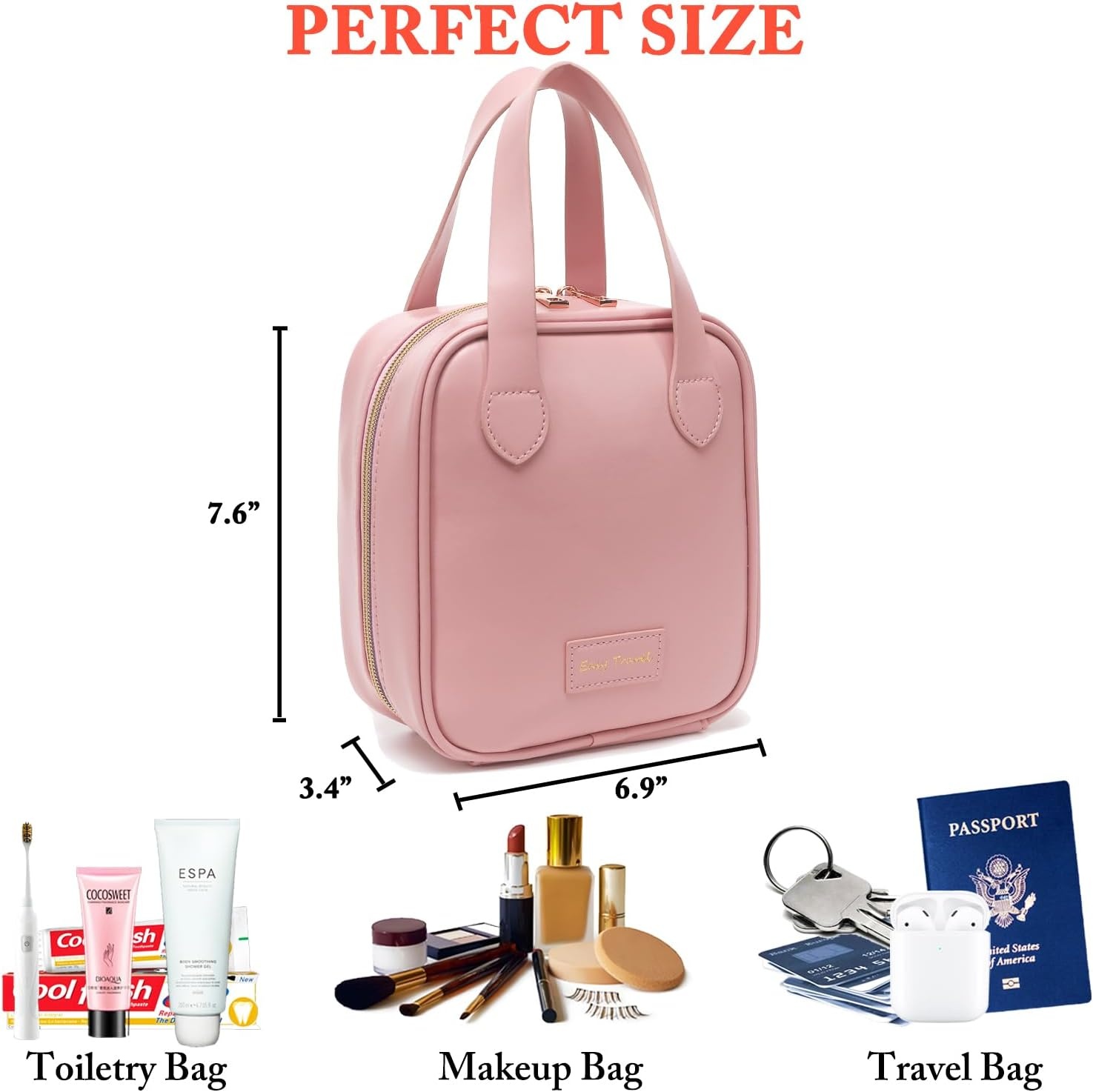 image:imageFammart Travel Makeup Bag Waterproof Canvas Cosmetic Bag Make Up Organizer Case for Women Large Toiletry Bag Skincare Pouch for Toiletries Accessories BrushesPU Flat Open Pink