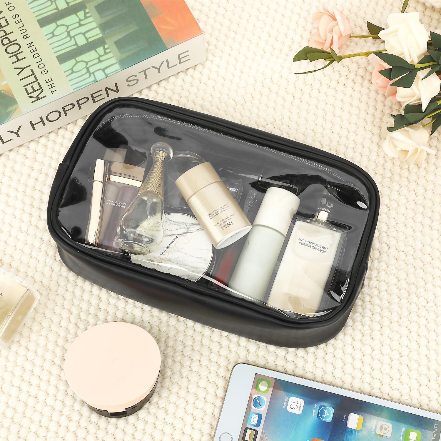 image:imageFammart Travel Makeup Bag Waterproof Canvas Cosmetic Bag Make Up Organizer Case for Women Large Toiletry Bag Skincare Pouch for Toiletries Accessories BrushesClear Large Black