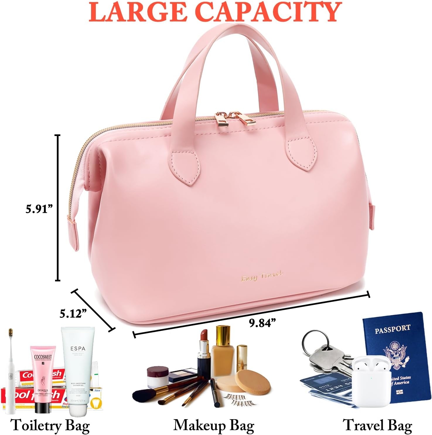 image:imageFammart Travel Makeup Bag Waterproof Canvas Cosmetic Bag Make Up Organizer Case for Women Large Toiletry Bag Skincare Pouch for Toiletries Accessories BrushesPU Wide Open Pink