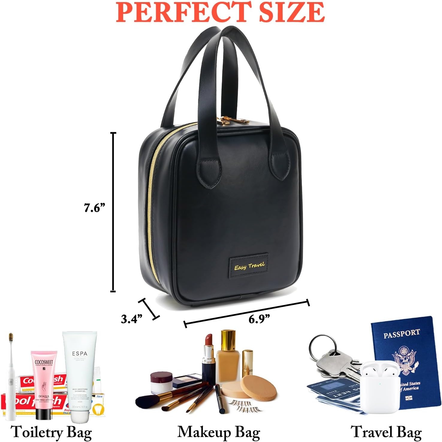 image:imageFammart Travel Makeup Bag Waterproof Canvas Cosmetic Bag Make Up Organizer Case for Women Large Toiletry Bag Skincare Pouch for Toiletries Accessories BrushesPU Flat Open Black