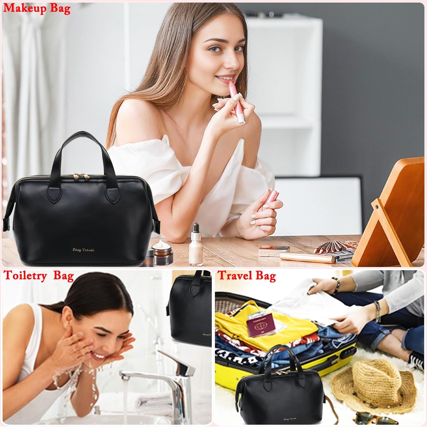 image:imageFammart Travel Makeup Bag Waterproof Canvas Cosmetic Bag Make Up Organizer Case for Women Large Toiletry Bag Skincare Pouch for Toiletries Accessories BrushesPU Wide Open Black