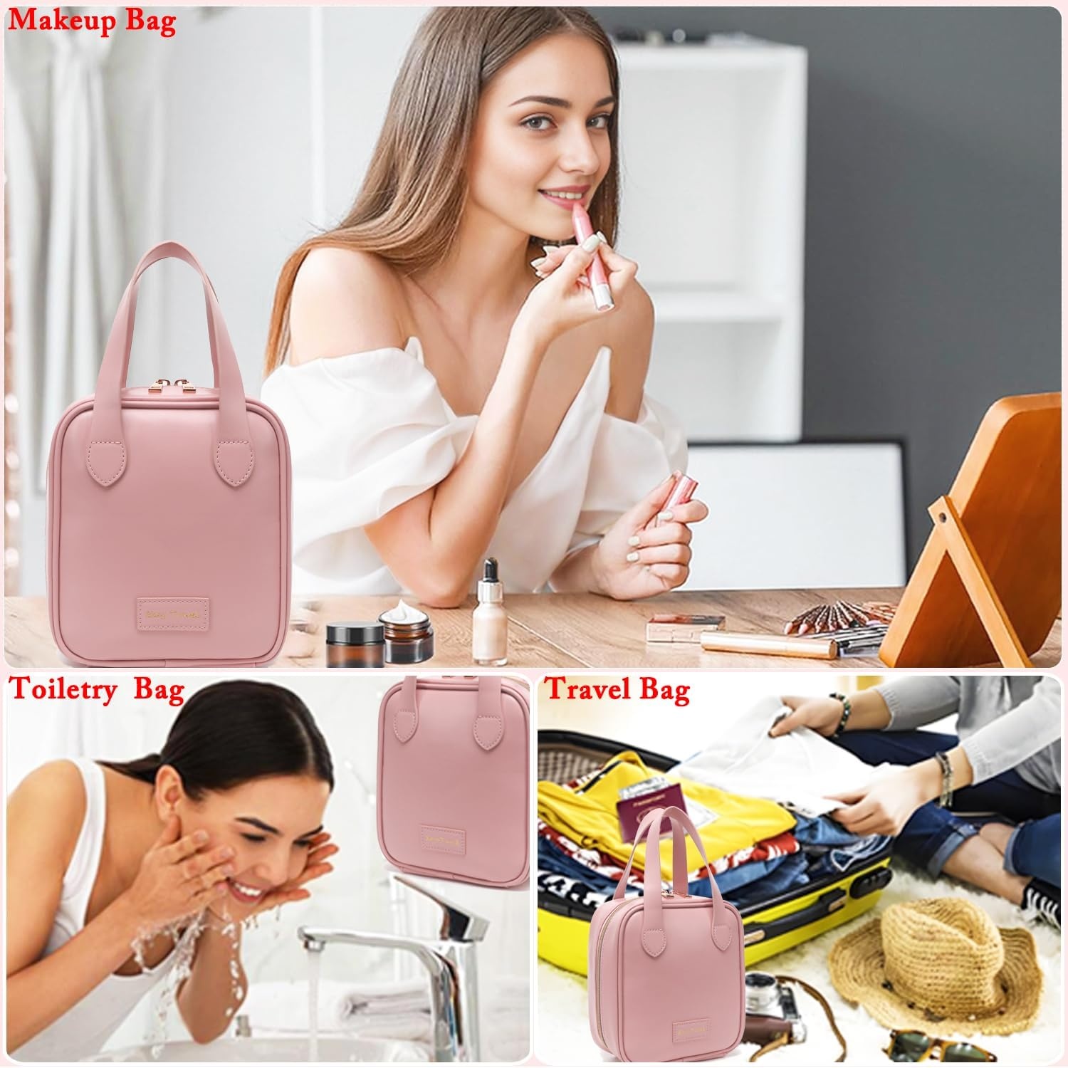 image:imageFammart Travel Makeup Bag Waterproof Canvas Cosmetic Bag Make Up Organizer Case for Women Large Toiletry Bag Skincare Pouch for Toiletries Accessories BrushesPU Flat Open Pink