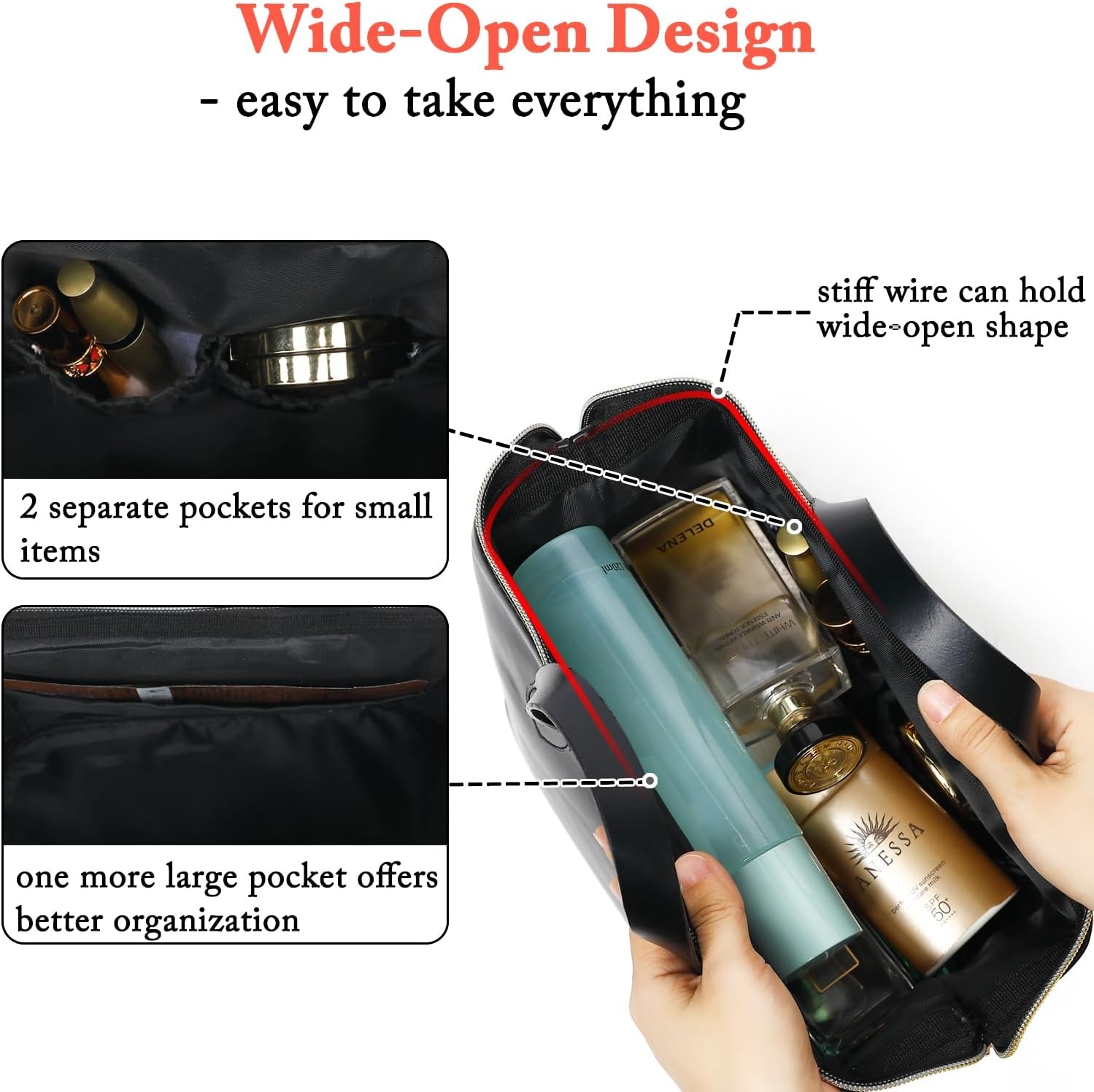 image:imageFammart Travel Makeup Bag Waterproof Canvas Cosmetic Bag Make Up Organizer Case for Women Large Toiletry Bag Skincare Pouch for Toiletries Accessories BrushesPU Wide Open Black