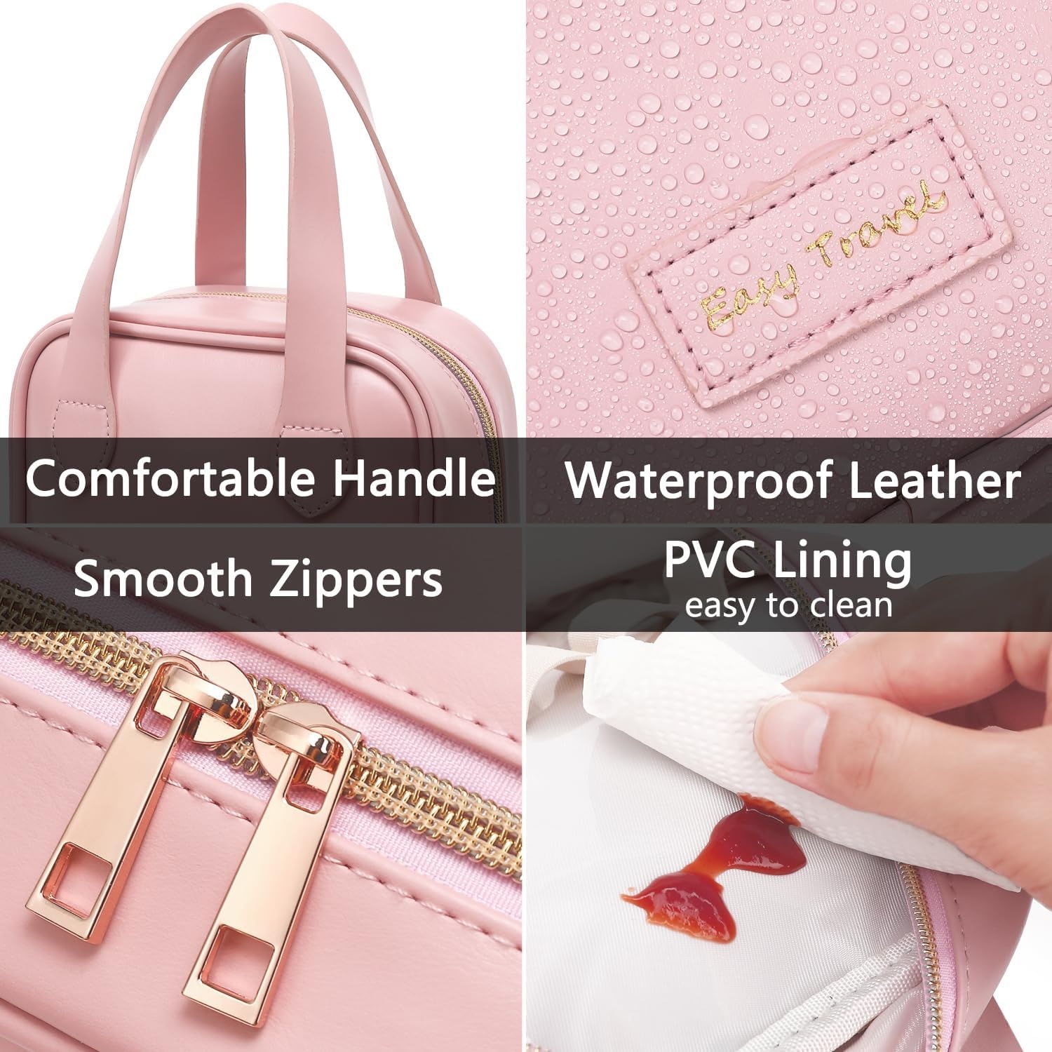 image:imageFammart Travel Makeup Bag Waterproof Canvas Cosmetic Bag Make Up Organizer Case for Women Large Toiletry Bag Skincare Pouch for Toiletries Accessories BrushesPU Flat Open Pink
