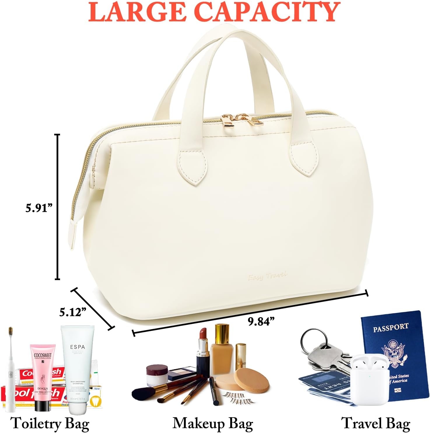 image:imageFammart Travel Makeup Bag Waterproof Canvas Cosmetic Bag Make Up Organizer Case for Women Large Toiletry Bag Skincare Pouch for Toiletries Accessories BrushesPU Wide Open Beige