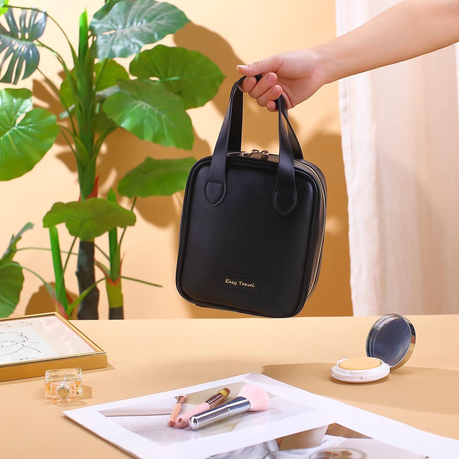 image:imageFammart Travel Makeup Bag Waterproof Canvas Cosmetic Bag Make Up Organizer Case for Women Large Toiletry Bag Skincare Pouch for Toiletries Accessories BrushesPU Flat Open Black