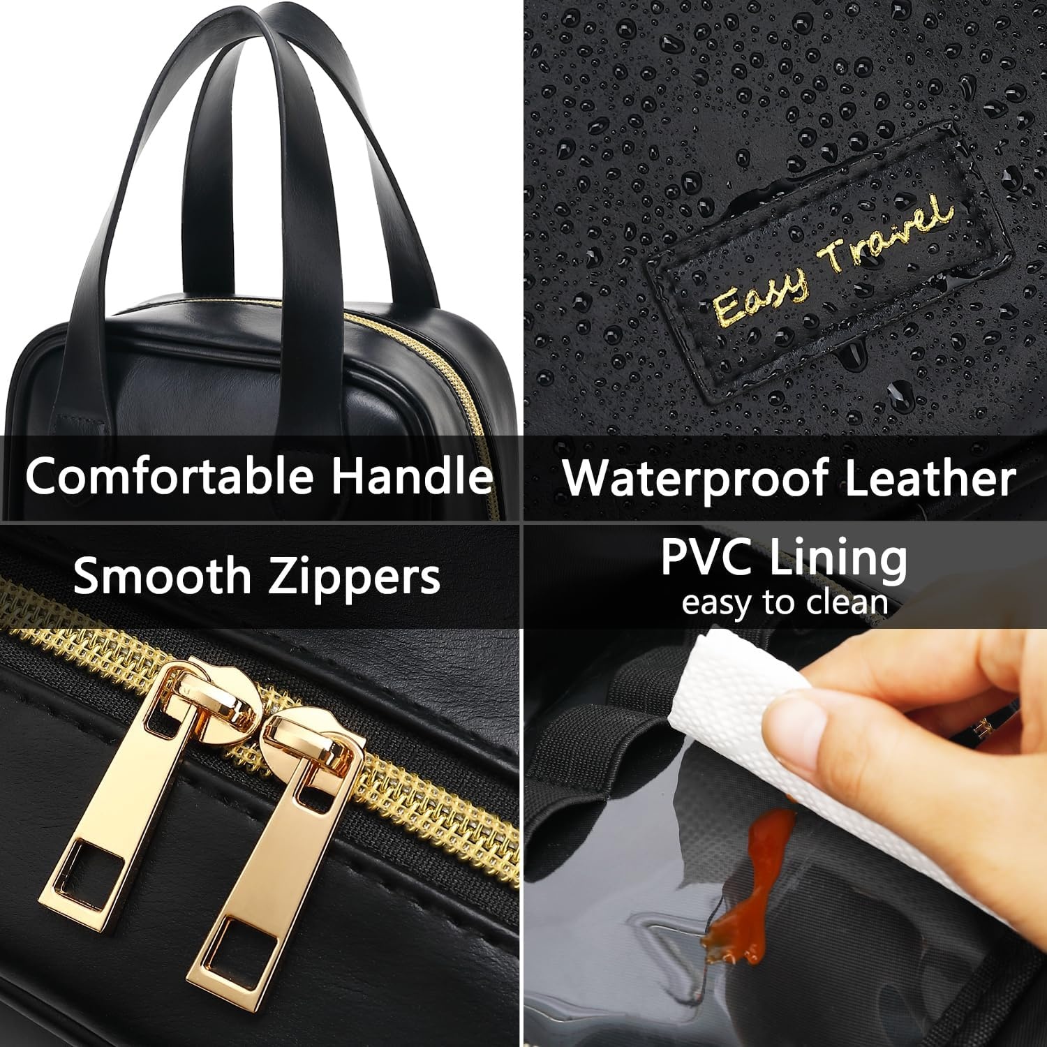 image:imageFammart Travel Makeup Bag Waterproof Canvas Cosmetic Bag Make Up Organizer Case for Women Large Toiletry Bag Skincare Pouch for Toiletries Accessories BrushesPU Flat Open Black