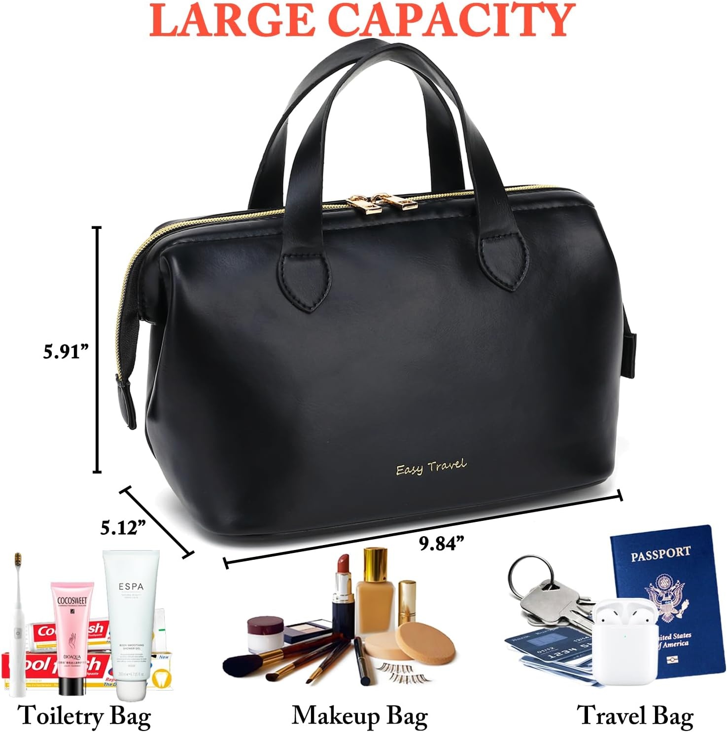 image:imageFammart Travel Makeup Bag Waterproof Canvas Cosmetic Bag Make Up Organizer Case for Women Large Toiletry Bag Skincare Pouch for Toiletries Accessories BrushesPU Wide Open Black