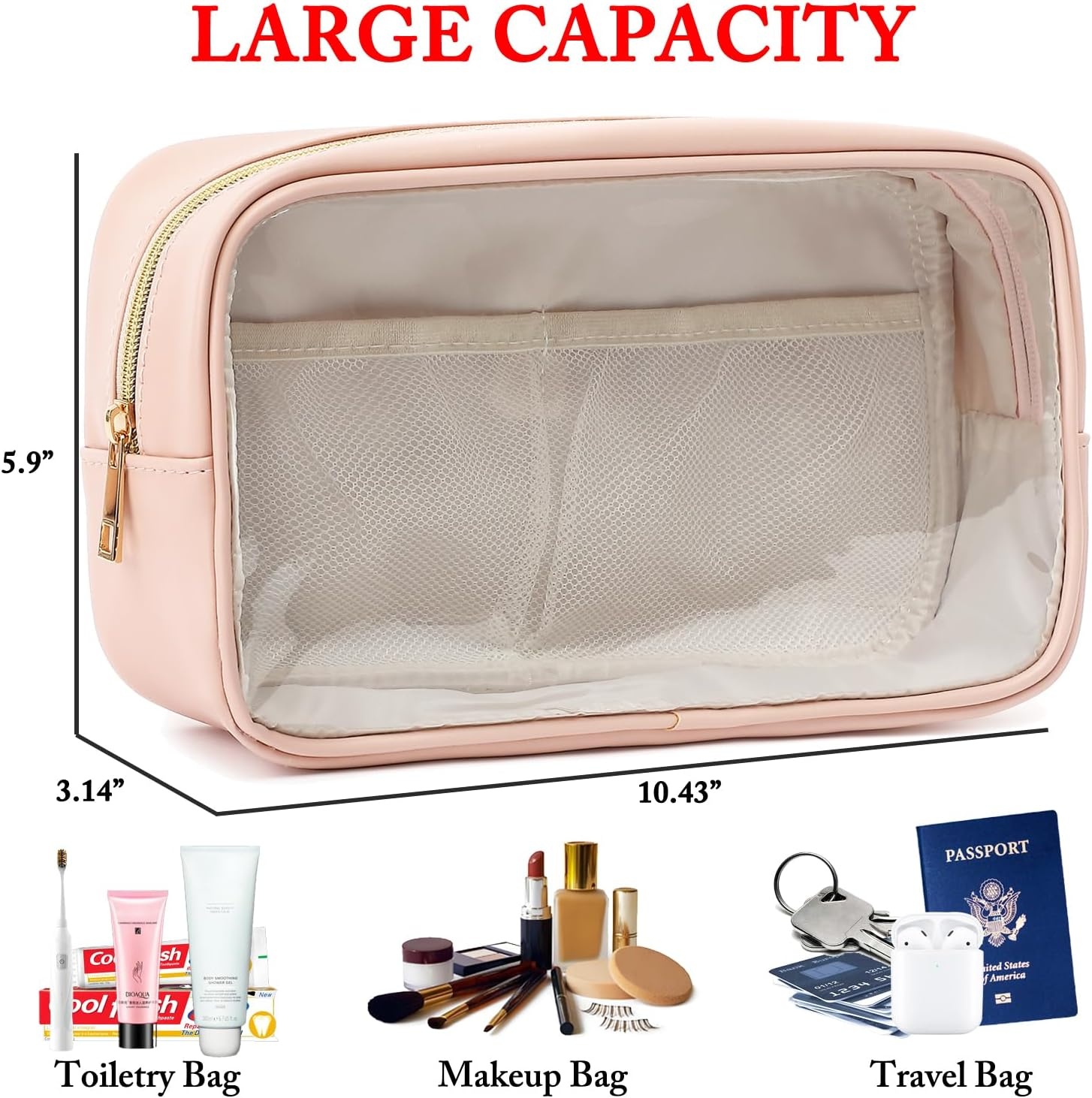 image:imageFammart Travel Makeup Bag Waterproof Canvas Cosmetic Bag Make Up Organizer Case for Women Large Toiletry Bag Skincare Pouch for Toiletries Accessories BrushesClear Large Pink