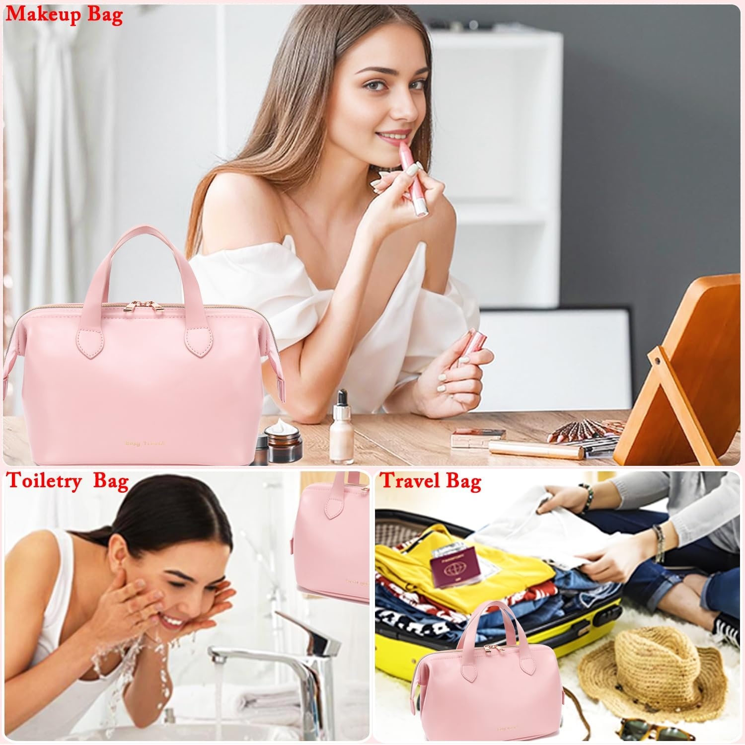 image:imageFammart Travel Makeup Bag Waterproof Canvas Cosmetic Bag Make Up Organizer Case for Women Large Toiletry Bag Skincare Pouch for Toiletries Accessories BrushesPU Wide Open Pink