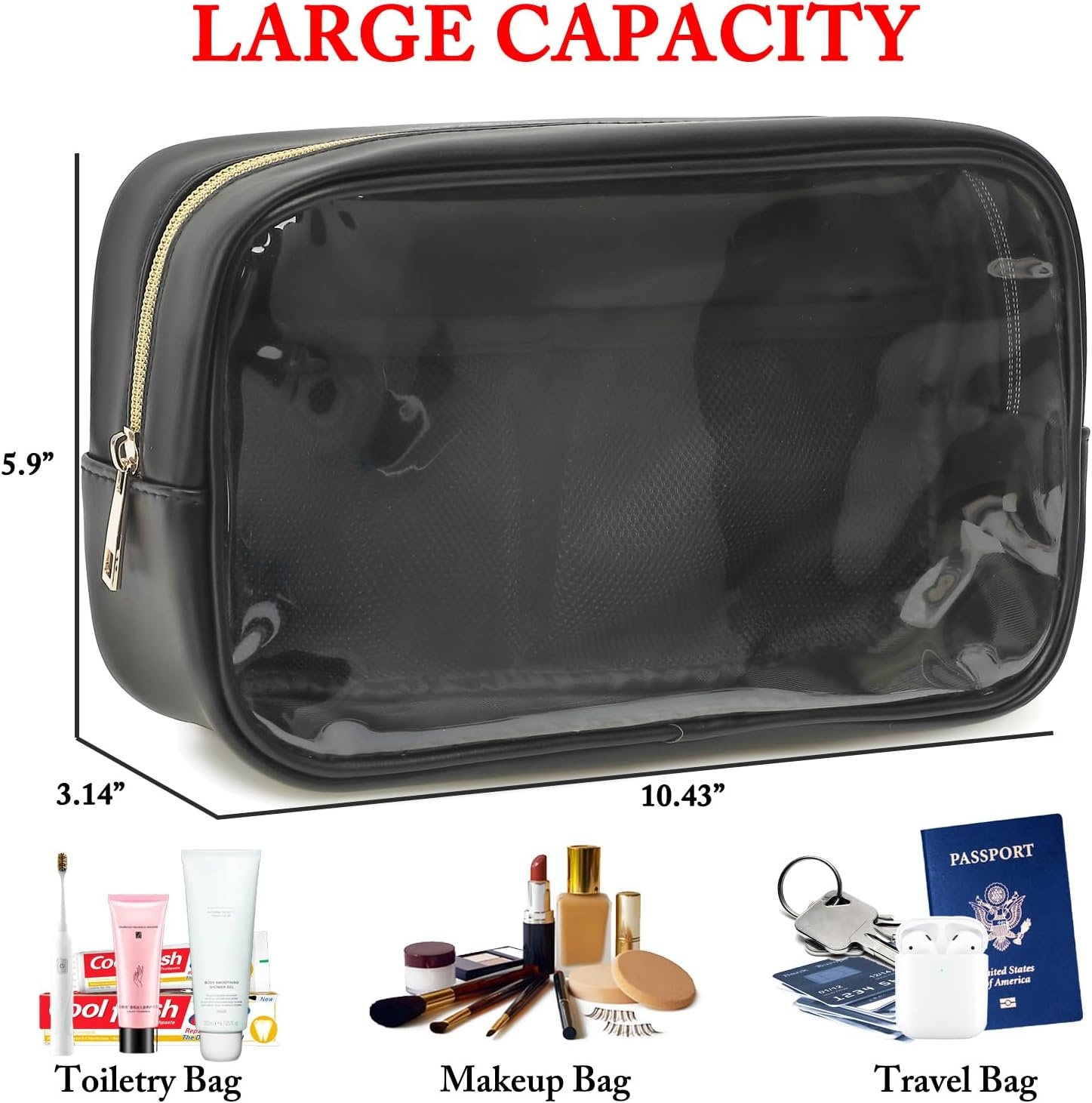 image:imageFammart Travel Makeup Bag Waterproof Canvas Cosmetic Bag Make Up Organizer Case for Women Large Toiletry Bag Skincare Pouch for Toiletries Accessories BrushesClear Large Black
