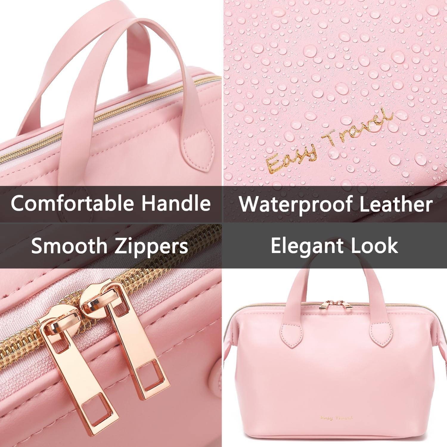 image:imageFammart Travel Makeup Bag Waterproof Canvas Cosmetic Bag Make Up Organizer Case for Women Large Toiletry Bag Skincare Pouch for Toiletries Accessories BrushesPU Wide Open Pink