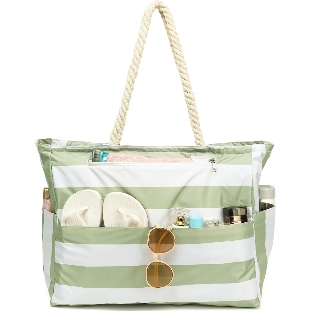 image:imageFammart Beach Bags Waterproof Sandproof for Women Large Canvas Pool Bag with Leakproof Wet Pocket amp Zipper Cruise EssentialsOxford Large Light Green