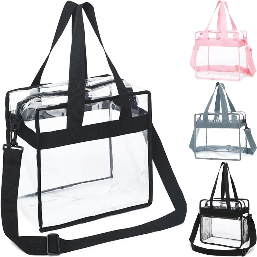 image:imageFammart Clear Bag for Stadium Events 12x6x12 Jelly Tote Bag for Women with Zipper for Beach Sports Concerts WorkAdjustable Strap Black