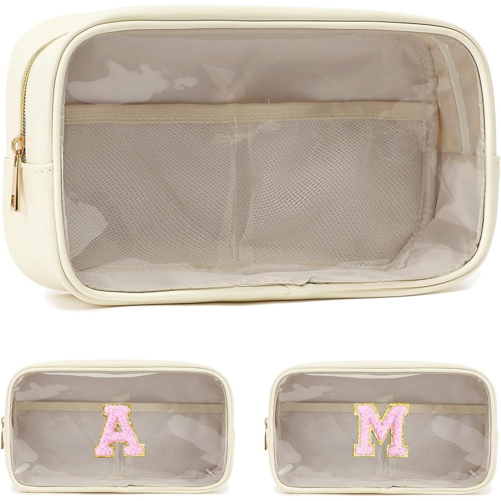 image:imageFammart Travel Makeup Bag Waterproof Canvas Cosmetic Bag Make Up Organizer Case for Women Large Toiletry Bag Skincare Pouch for Toiletries Accessories BrushesClear Large Beige