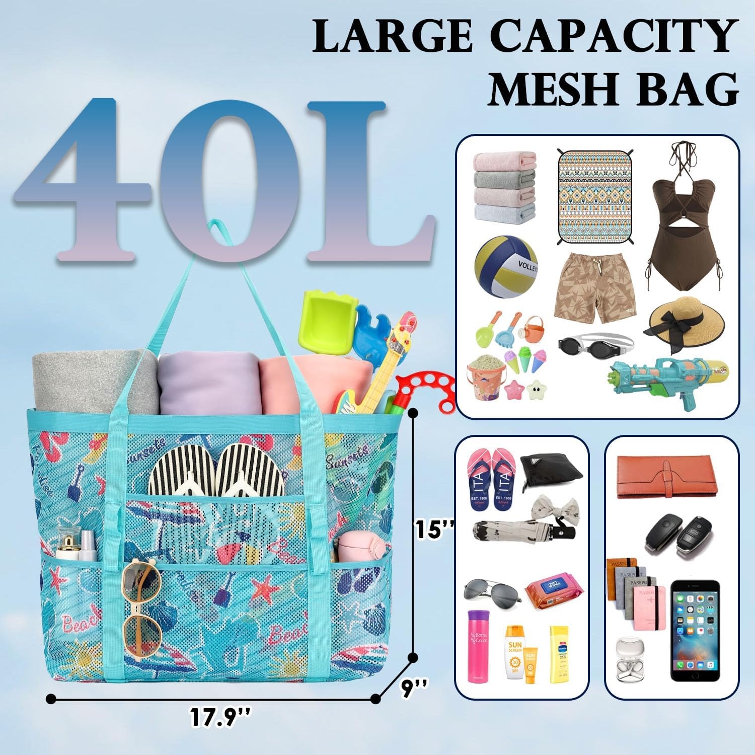 image:imageFammart Mesh Beach Bag for Women Large Beach Toy Pool Bag with Zipper Pocket SandProof Cruise Essentials 2026 Family TravelLarge Beach Element
