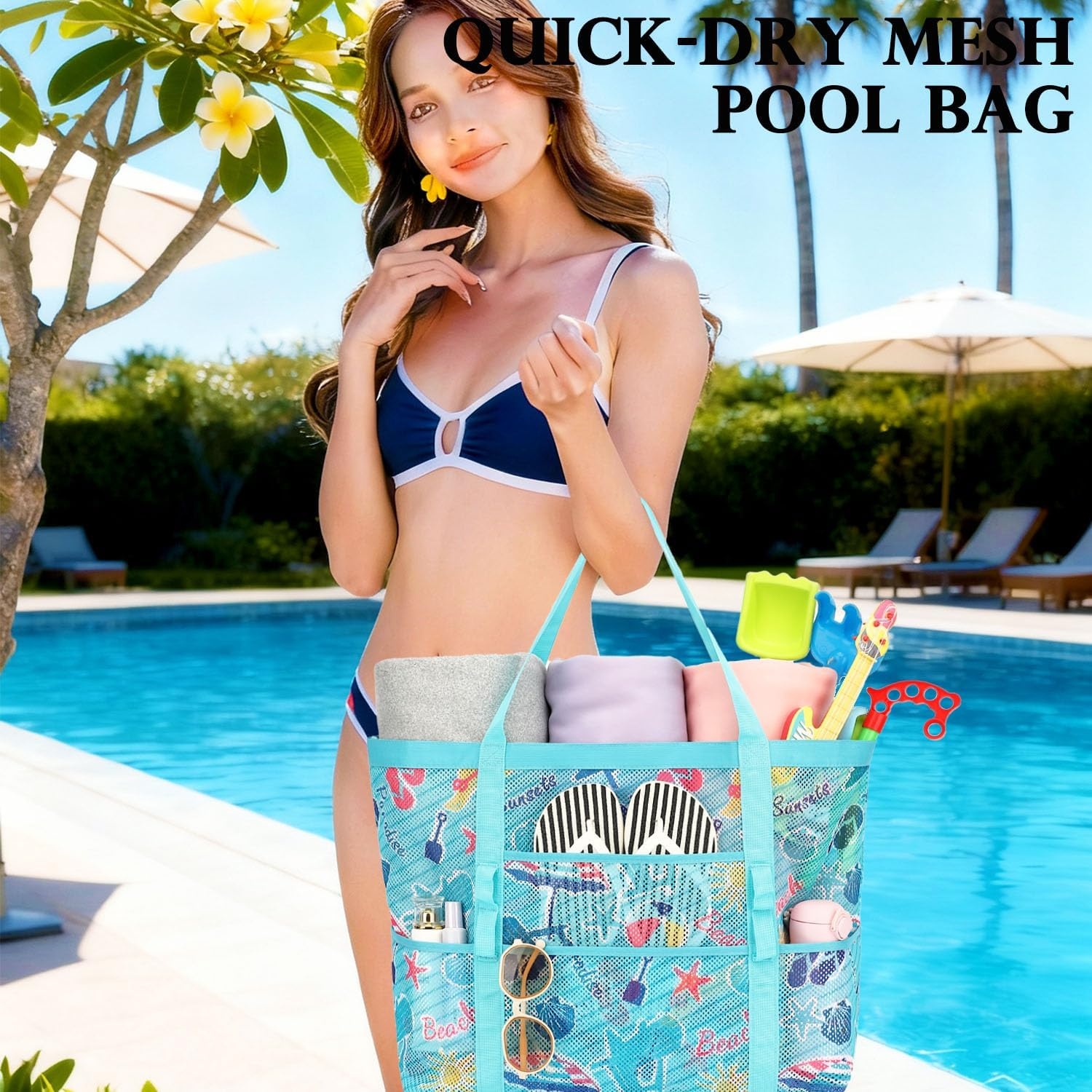 image:imageFammart Mesh Beach Bag for Women Large Beach Toy Pool Bag with Zipper Pocket SandProof Cruise Essentials 2026 Family TravelLarge Beach Element