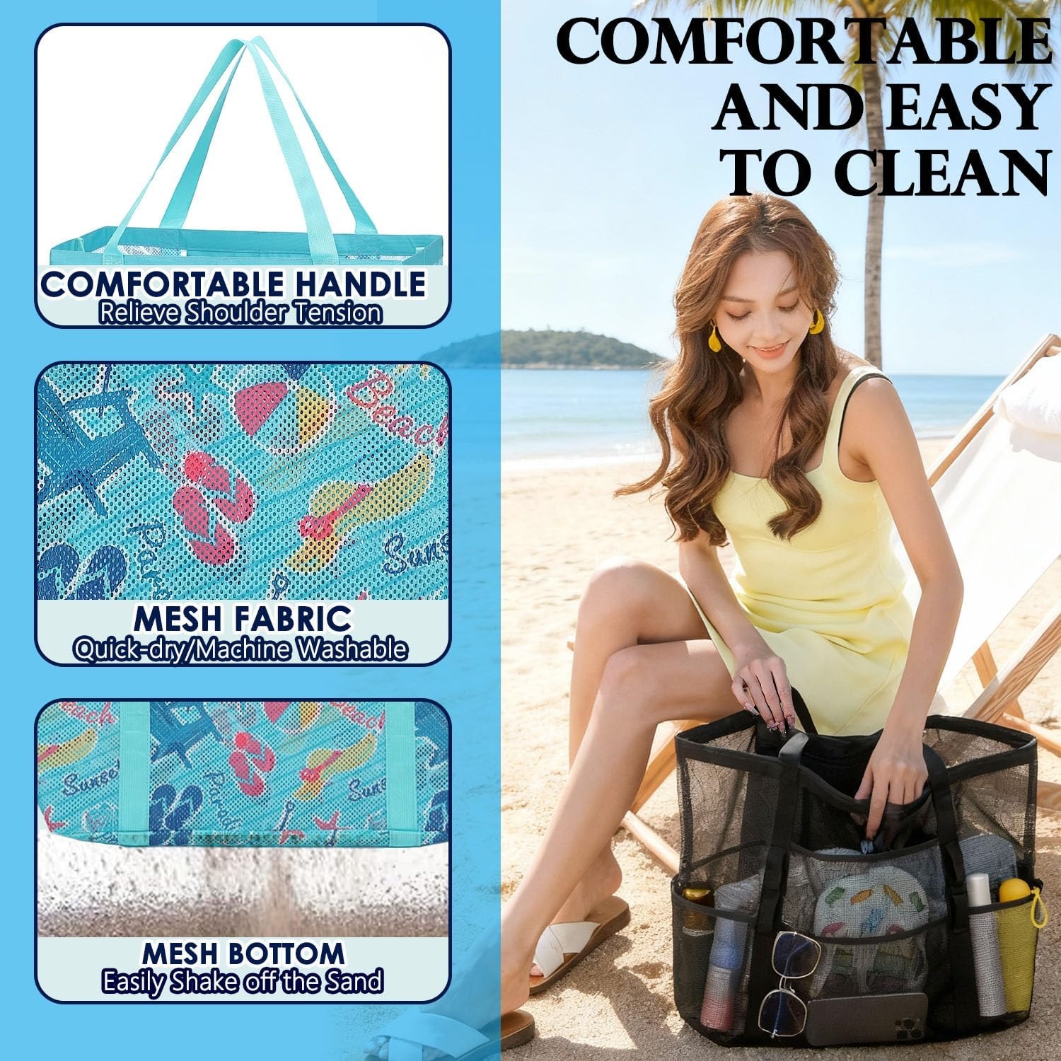 image:imageFammart Mesh Beach Bag for Women Large Beach Toy Pool Bag with Zipper Pocket SandProof Cruise Essentials 2026 Family TravelLarge Beach Element