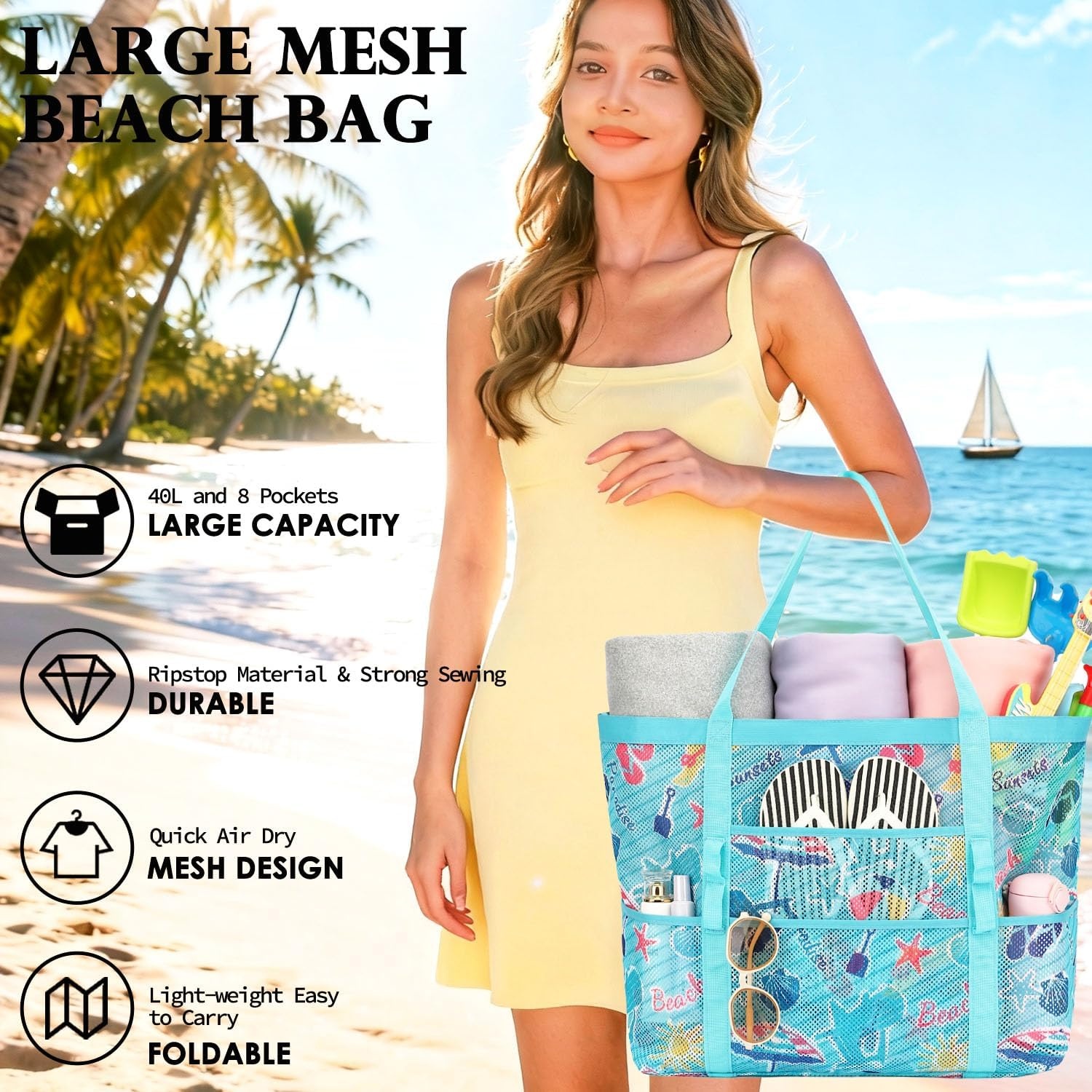 image:imageFammart Mesh Beach Bag for Women Large Beach Toy Pool Bag with Zipper Pocket SandProof Cruise Essentials 2026 Family TravelLarge Beach Element