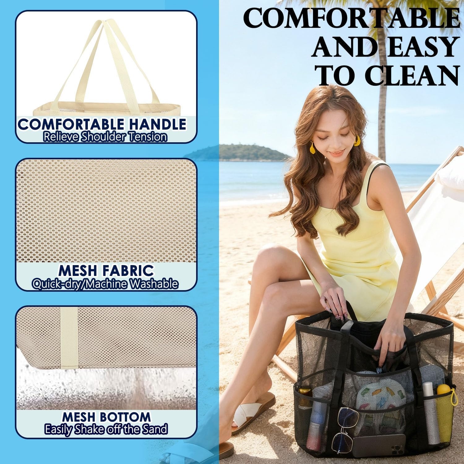 image:imageFammart Mesh Beach Bag for Women Large Beach Toy Pool Bag with Zipper Pocket SandProof Cruise Essentials 2026 Family TravelLarge Beige