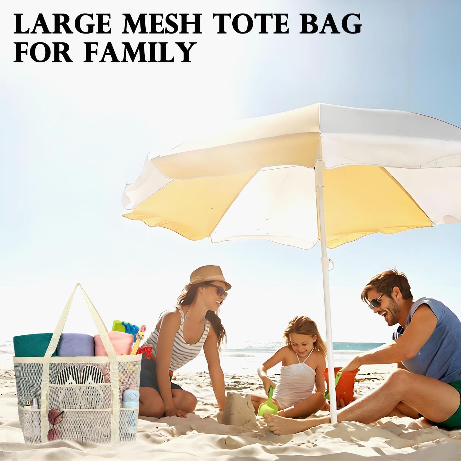 image:imageFammart Mesh Beach Bag for Women Large Beach Toy Pool Bag with Zipper Pocket SandProof Cruise Essentials 2026 Family TravelLarge Beige