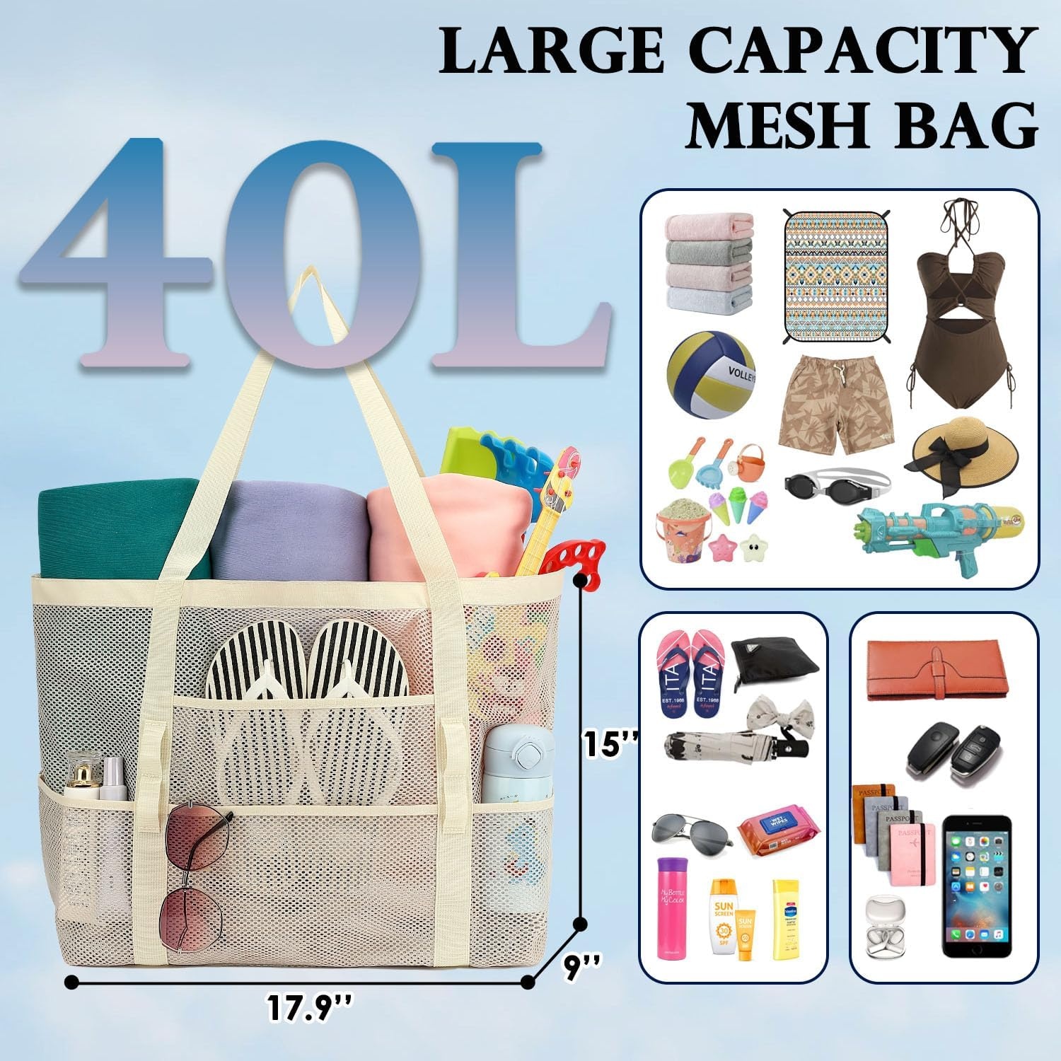 image:imageFammart Mesh Beach Bag for Women Large Beach Toy Pool Bag with Zipper Pocket SandProof Cruise Essentials 2026 Family TravelLarge Beige