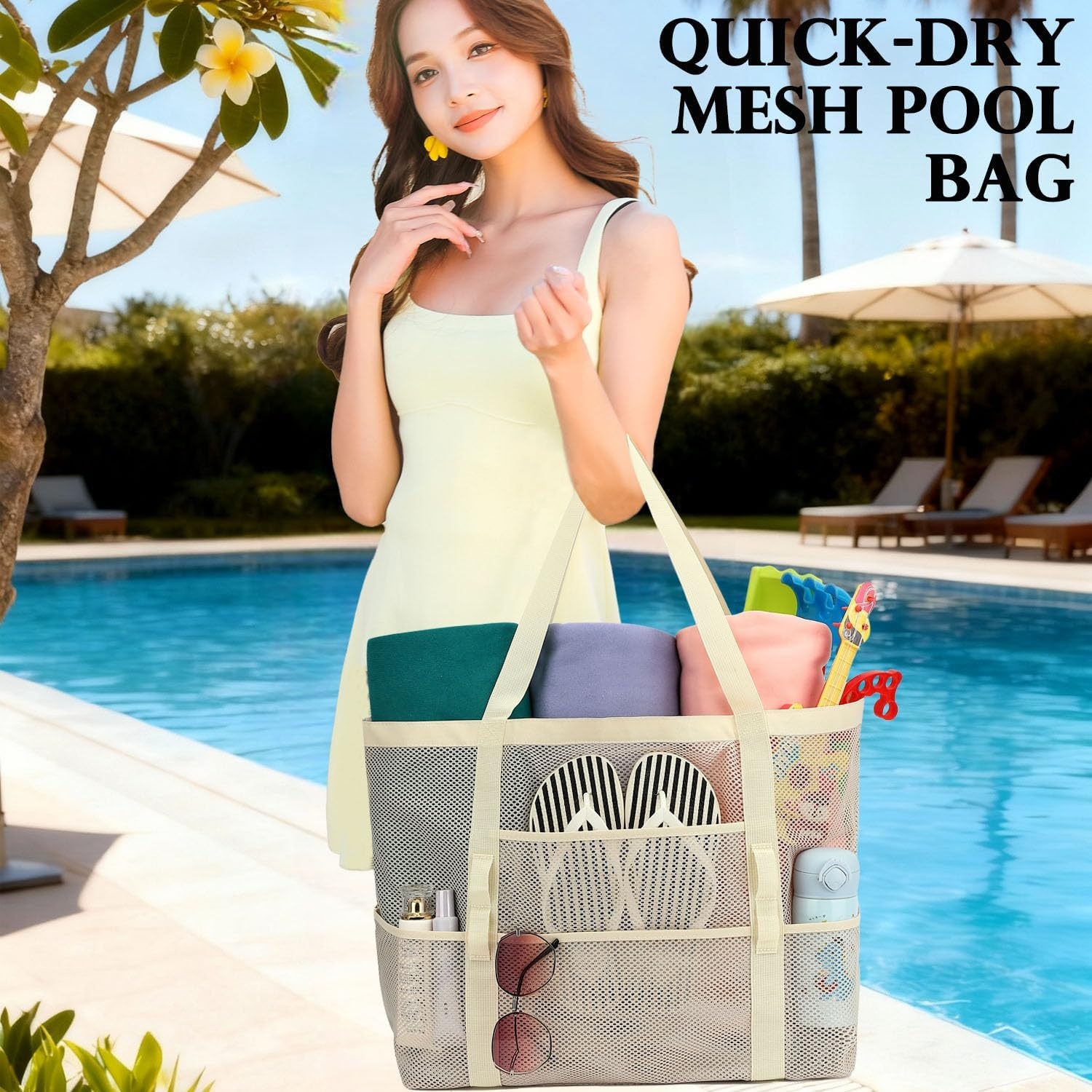 image:imageFammart Mesh Beach Bag for Women Large Beach Toy Pool Bag with Zipper Pocket SandProof Cruise Essentials 2026 Family TravelLarge Beige