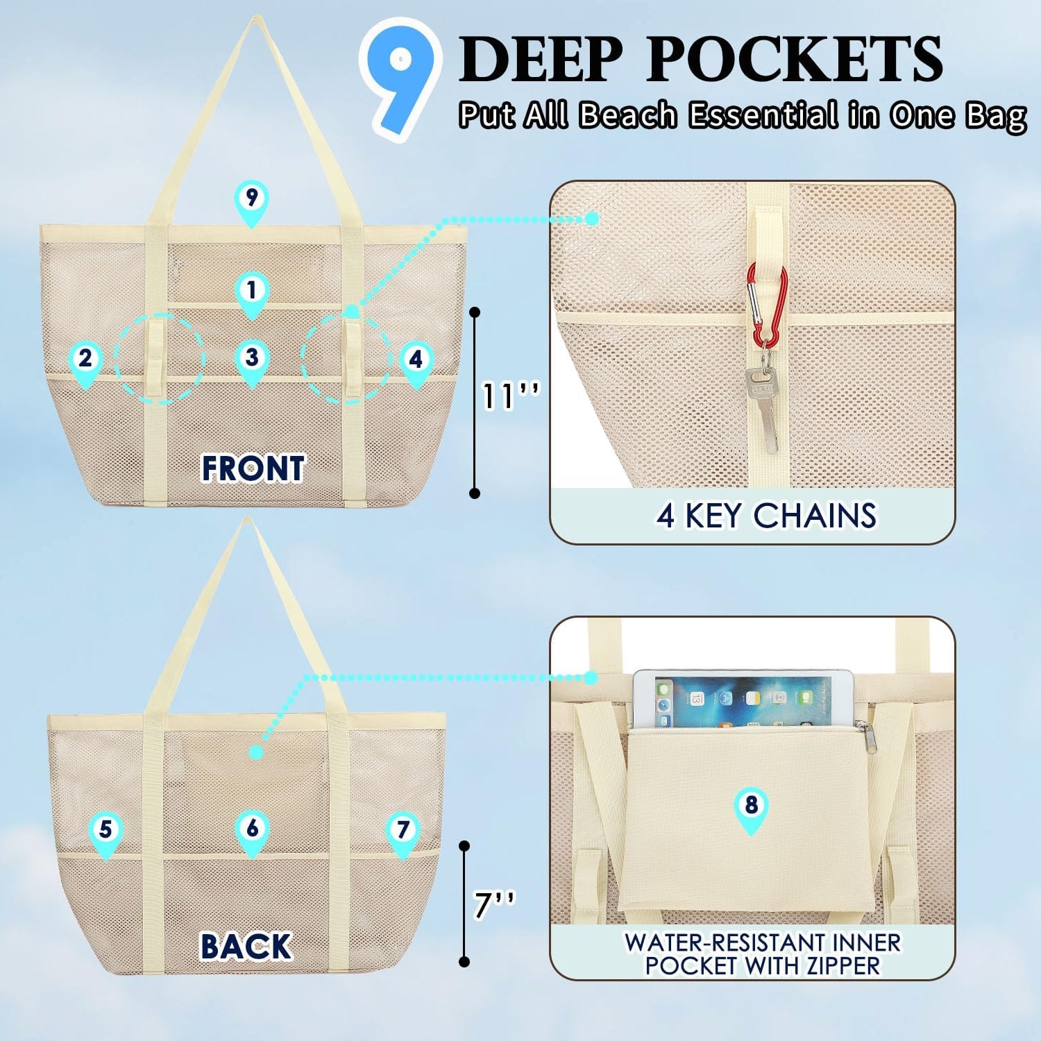 image:imageFammart Mesh Beach Bag for Women Large Beach Toy Pool Bag with Zipper Pocket SandProof Cruise Essentials 2026 Family TravelLarge Beige