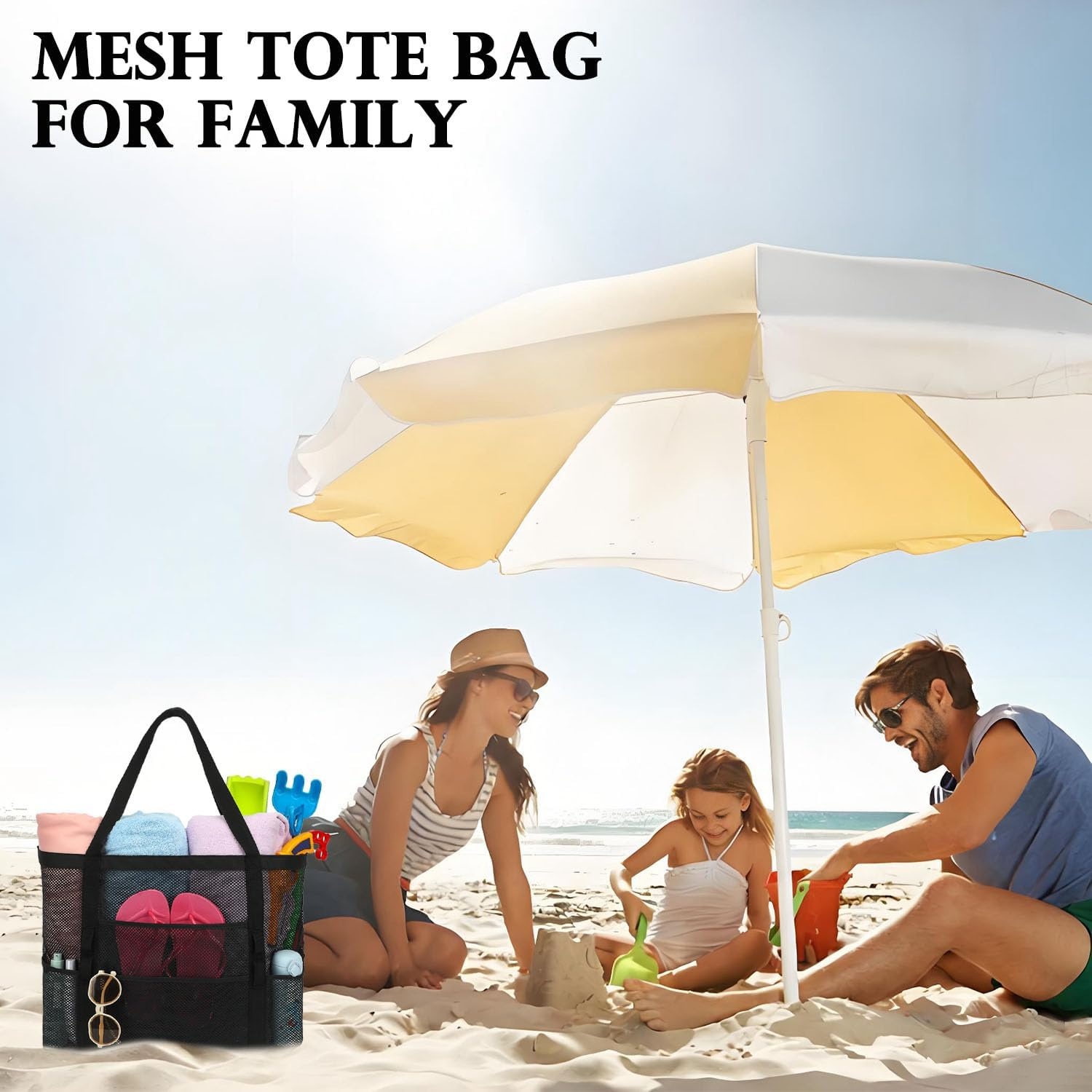 image:imageFammart Mesh Beach Bag for Women Large Beach Toy Pool Bag with Zipper Pocket SandProof Cruise Essentials 2026 Family TravelLarge Dark Black