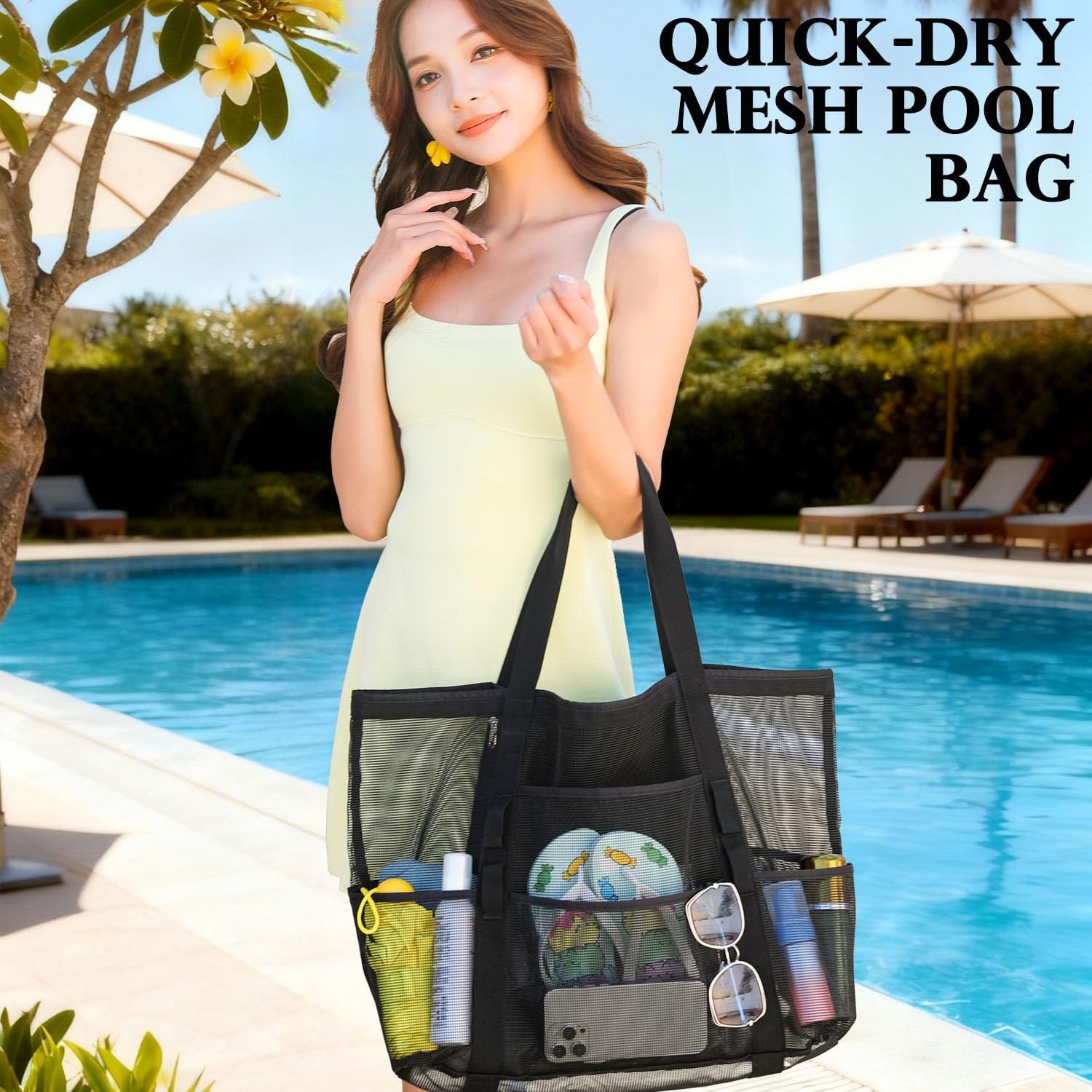 image:imageFammart Mesh Beach Bag for Women Large Beach Toy Pool Bag with Zipper Pocket SandProof Cruise Essentials 2026 Family TravelLarge Dark Black