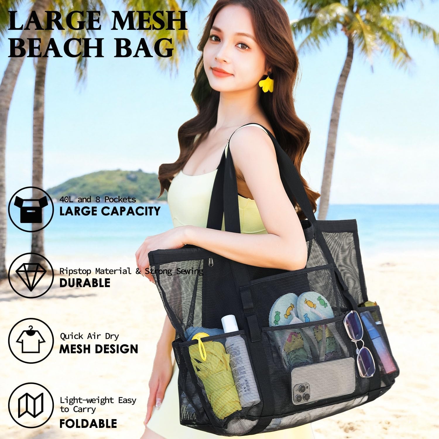 image:imageFammart Mesh Beach Bag for Women Large Beach Toy Pool Bag with Zipper Pocket SandProof Cruise Essentials 2026 Family TravelLarge Dark Black