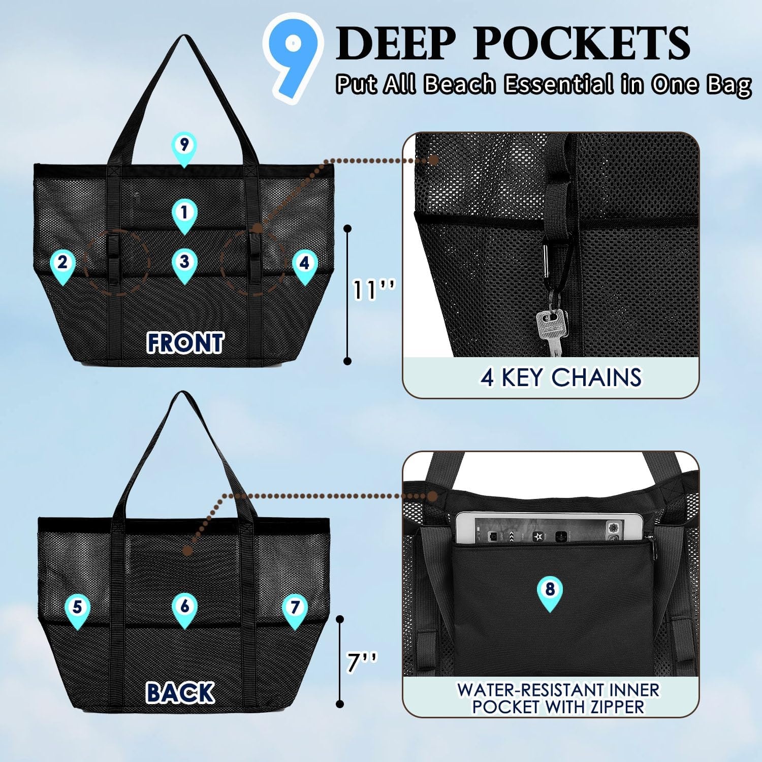 image:imageFammart Mesh Beach Bag for Women Large Beach Toy Pool Bag with Zipper Pocket SandProof Cruise Essentials 2026 Family TravelLarge Dark Black