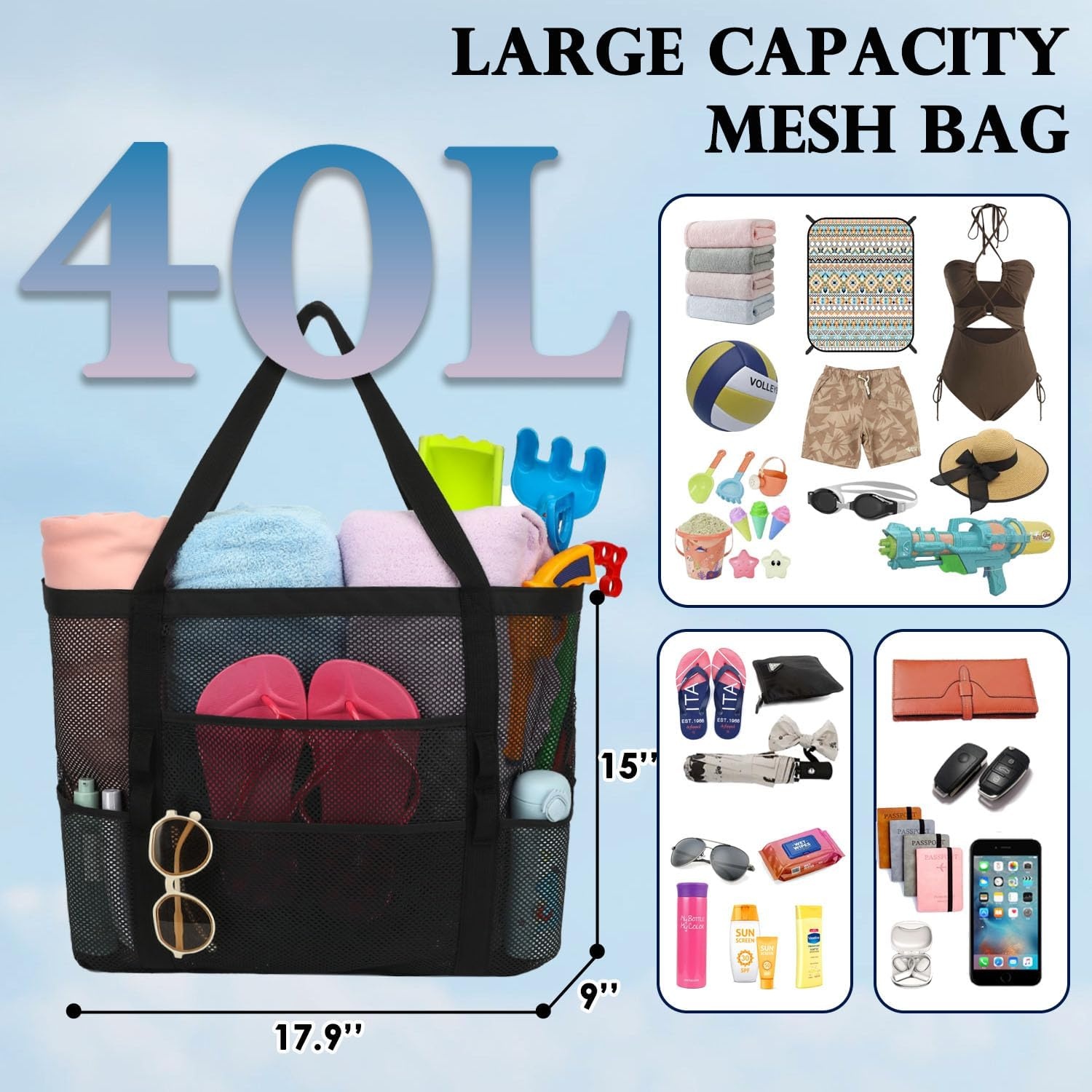 image:imageFammart Mesh Beach Bag for Women Large Beach Toy Pool Bag with Zipper Pocket SandProof Cruise Essentials 2026 Family TravelLarge Dark Black