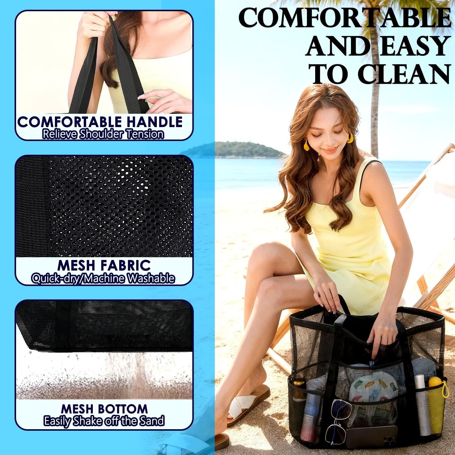 image:imageFammart Mesh Beach Bag for Women Large Beach Toy Pool Bag with Zipper Pocket SandProof Cruise Essentials 2026 Family TravelLarge Dark Black