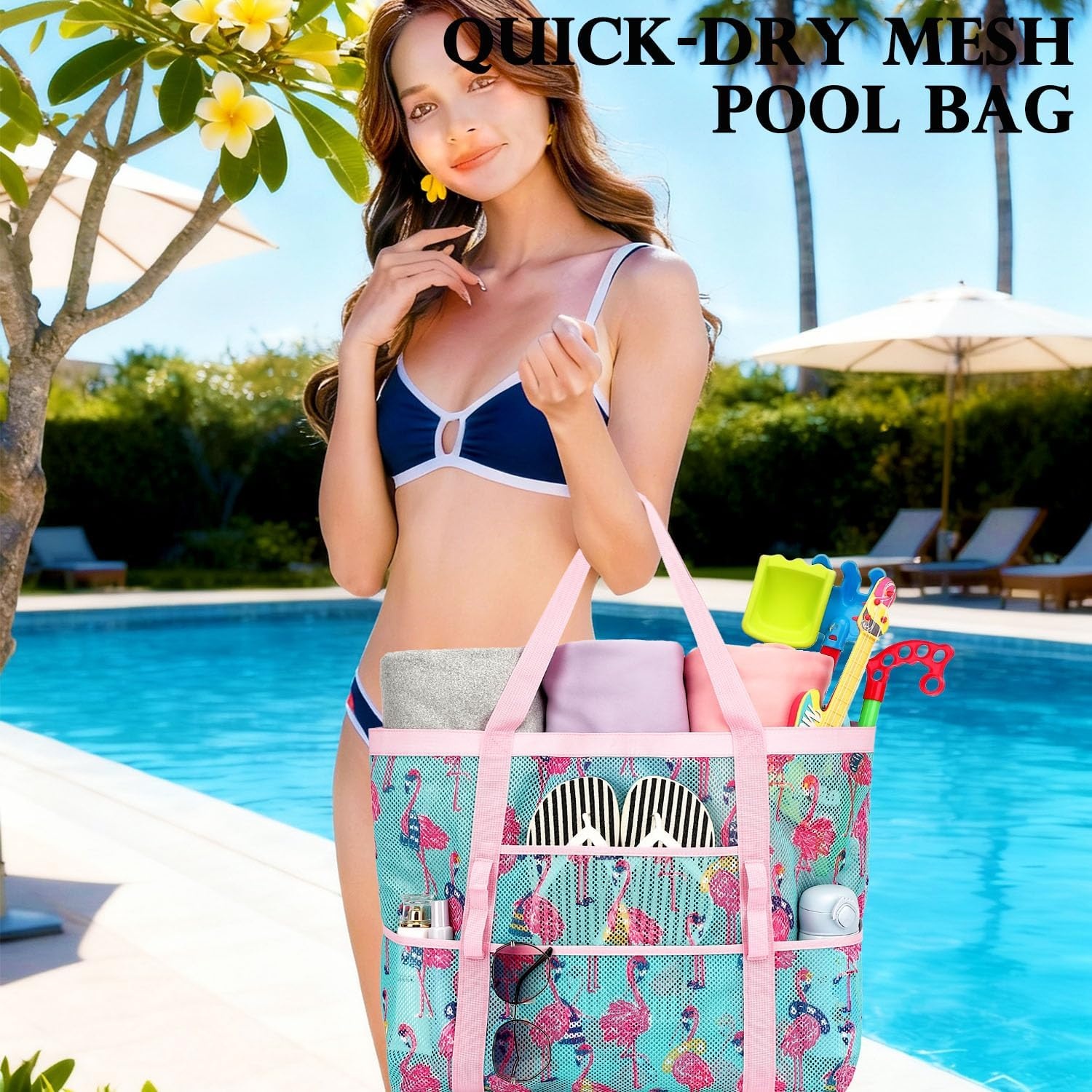 image:imageFammart Mesh Beach Bag for Women Large Beach Toy Pool Bag with Zipper Pocket SandProof Cruise Essentials 2026 Family TravelLarge Flamingo