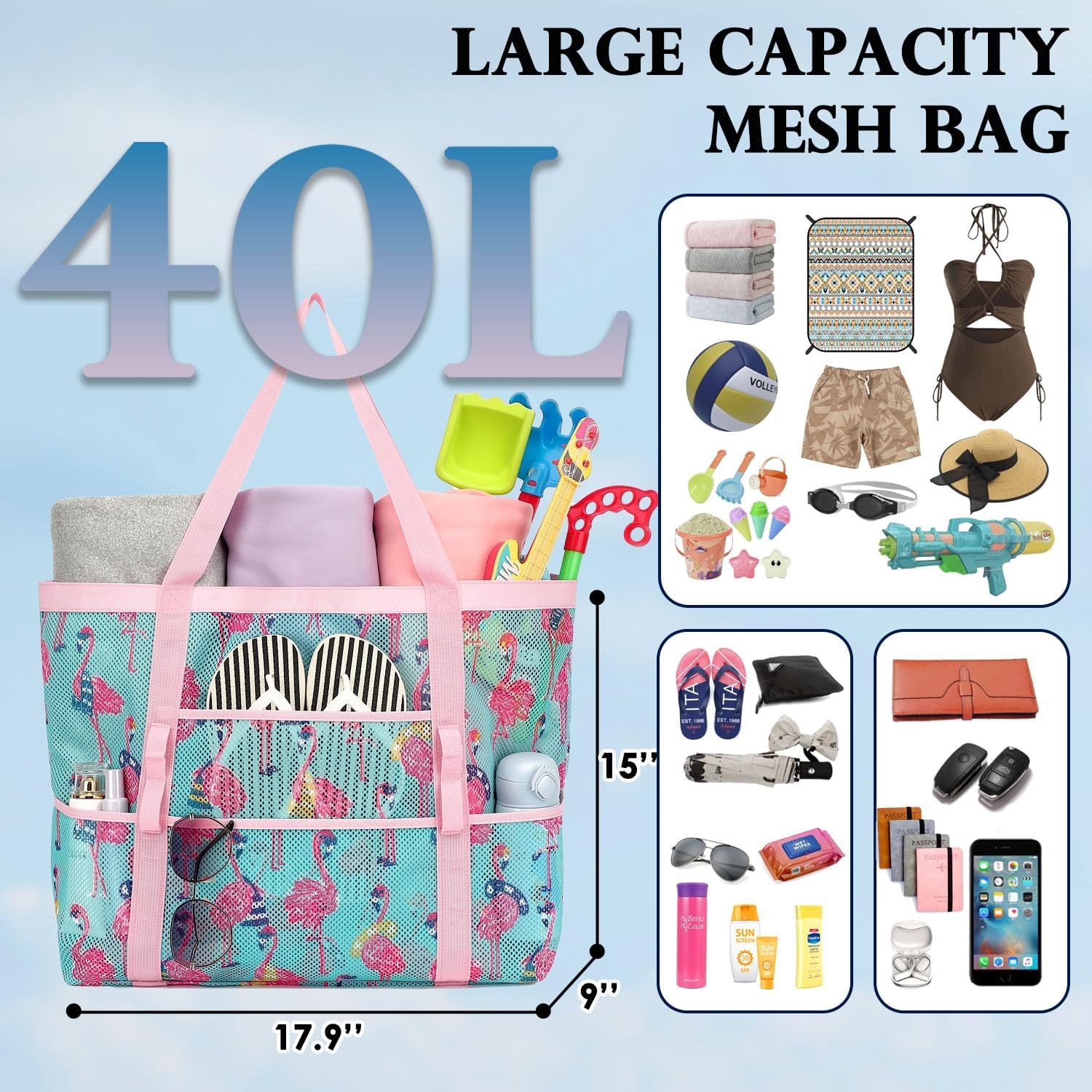 image:imageFammart Mesh Beach Bag for Women Large Beach Toy Pool Bag with Zipper Pocket SandProof Cruise Essentials 2026 Family TravelLarge Flamingo