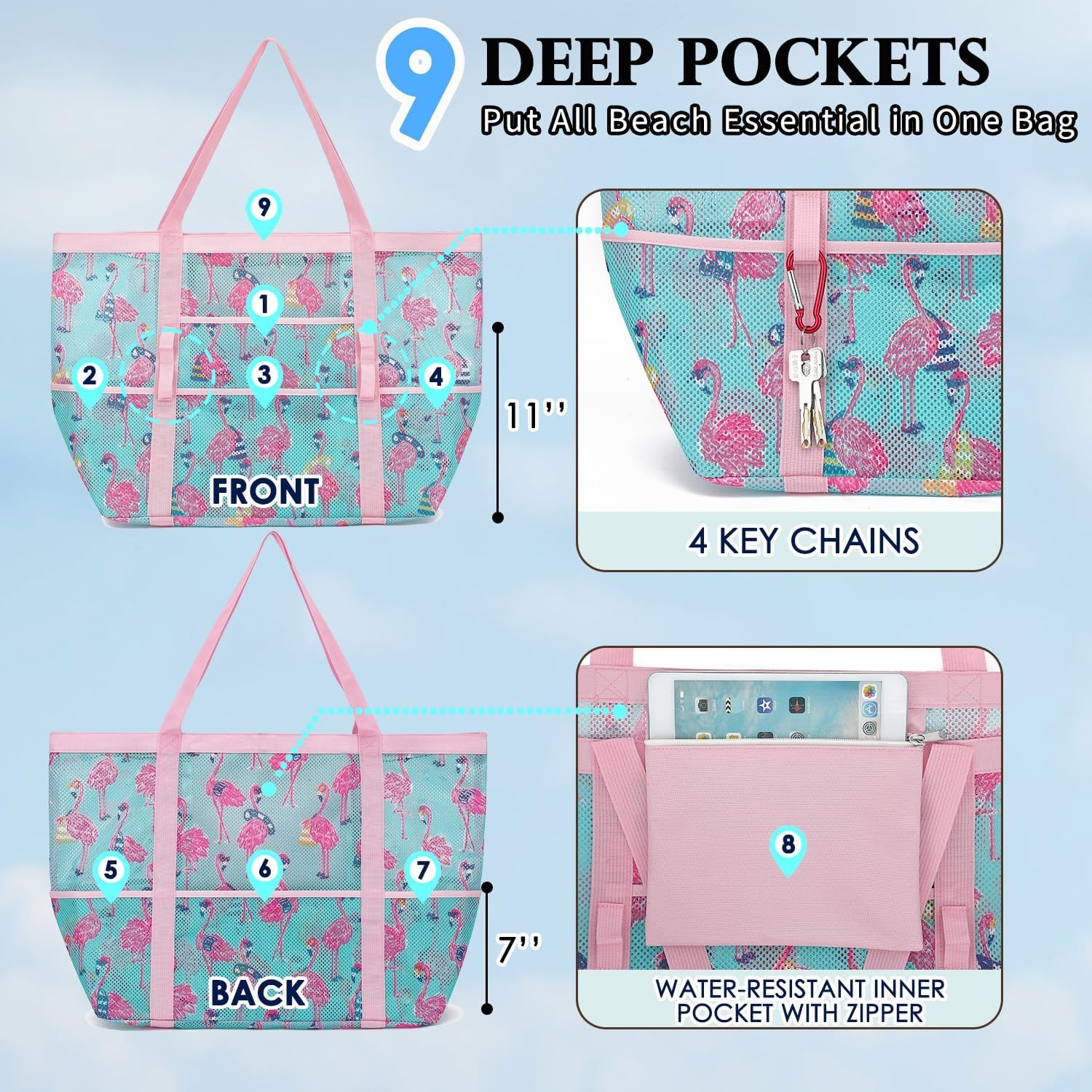 image:imageFammart Mesh Beach Bag for Women Large Beach Toy Pool Bag with Zipper Pocket SandProof Cruise Essentials 2026 Family TravelLarge Flamingo