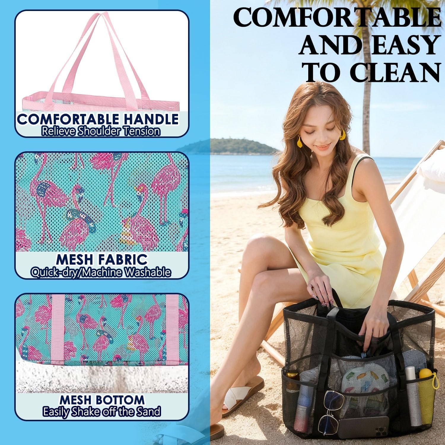 image:imageFammart Mesh Beach Bag for Women Large Beach Toy Pool Bag with Zipper Pocket SandProof Cruise Essentials 2026 Family TravelLarge Flamingo
