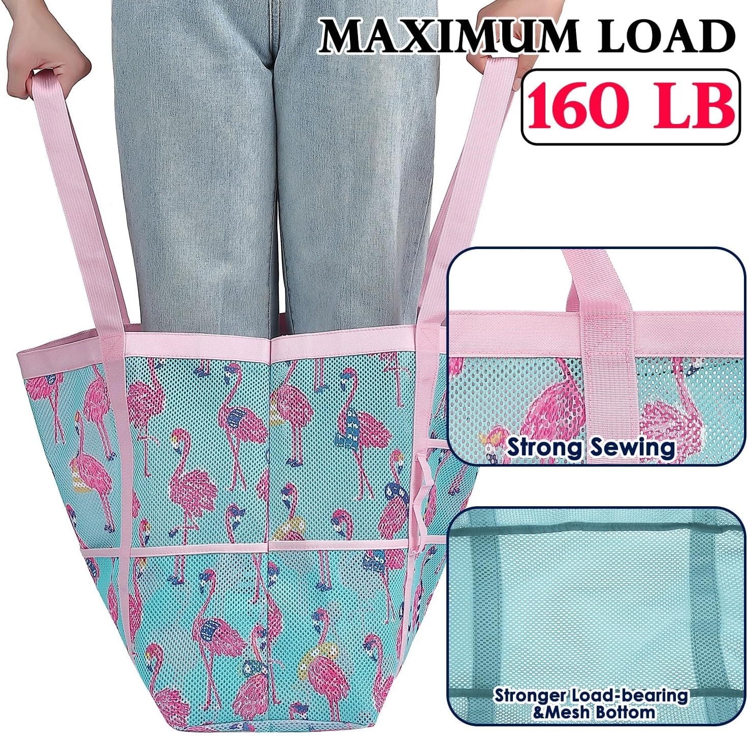 image:imageFammart Mesh Beach Bag for Women Large Beach Toy Pool Bag with Zipper Pocket SandProof Cruise Essentials 2026 Family TravelLarge Flamingo