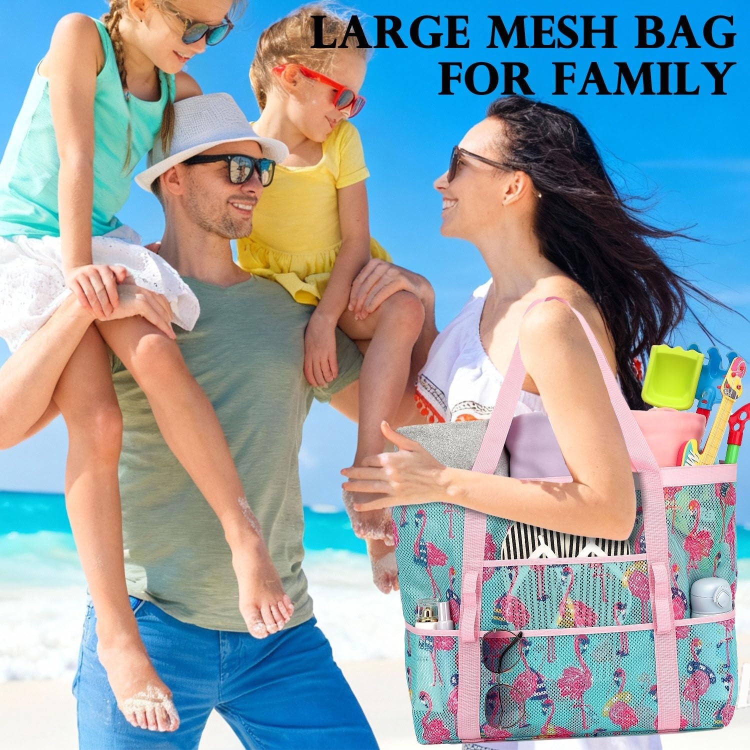 image:imageFammart Mesh Beach Bag for Women Large Beach Toy Pool Bag with Zipper Pocket SandProof Cruise Essentials 2026 Family TravelLarge Flamingo