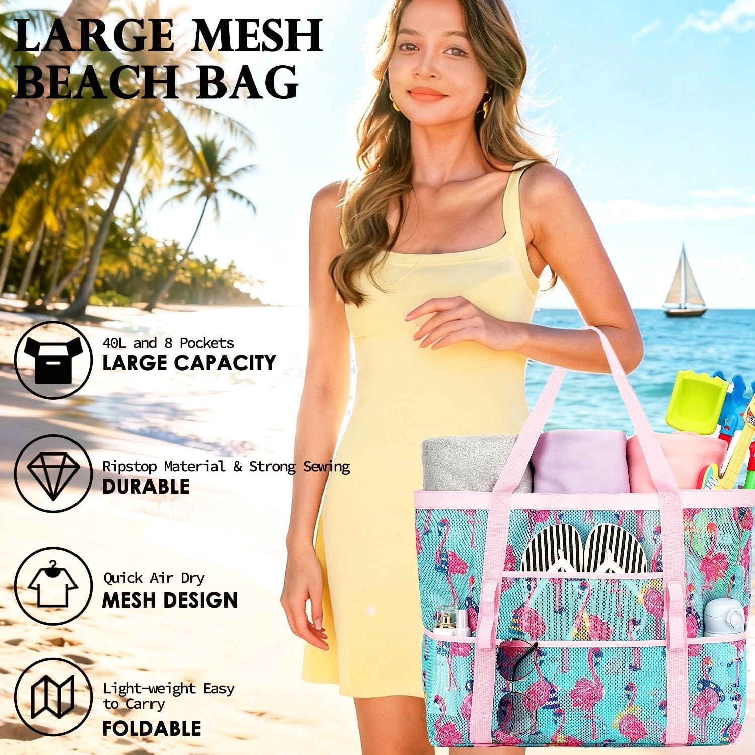 image:imageFammart Mesh Beach Bag for Women Large Beach Toy Pool Bag with Zipper Pocket SandProof Cruise Essentials 2026 Family TravelLarge Flamingo