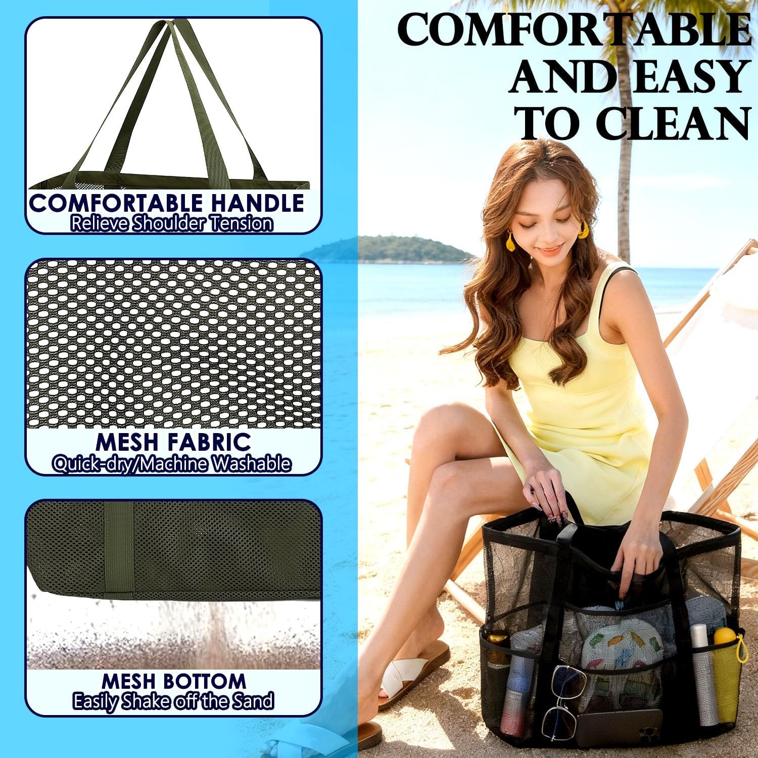 image:imageFammart Mesh Beach Bag for Women Large Beach Toy Pool Bag with Zipper Pocket SandProof Cruise Essentials 2026 Family TravelLarge Green
