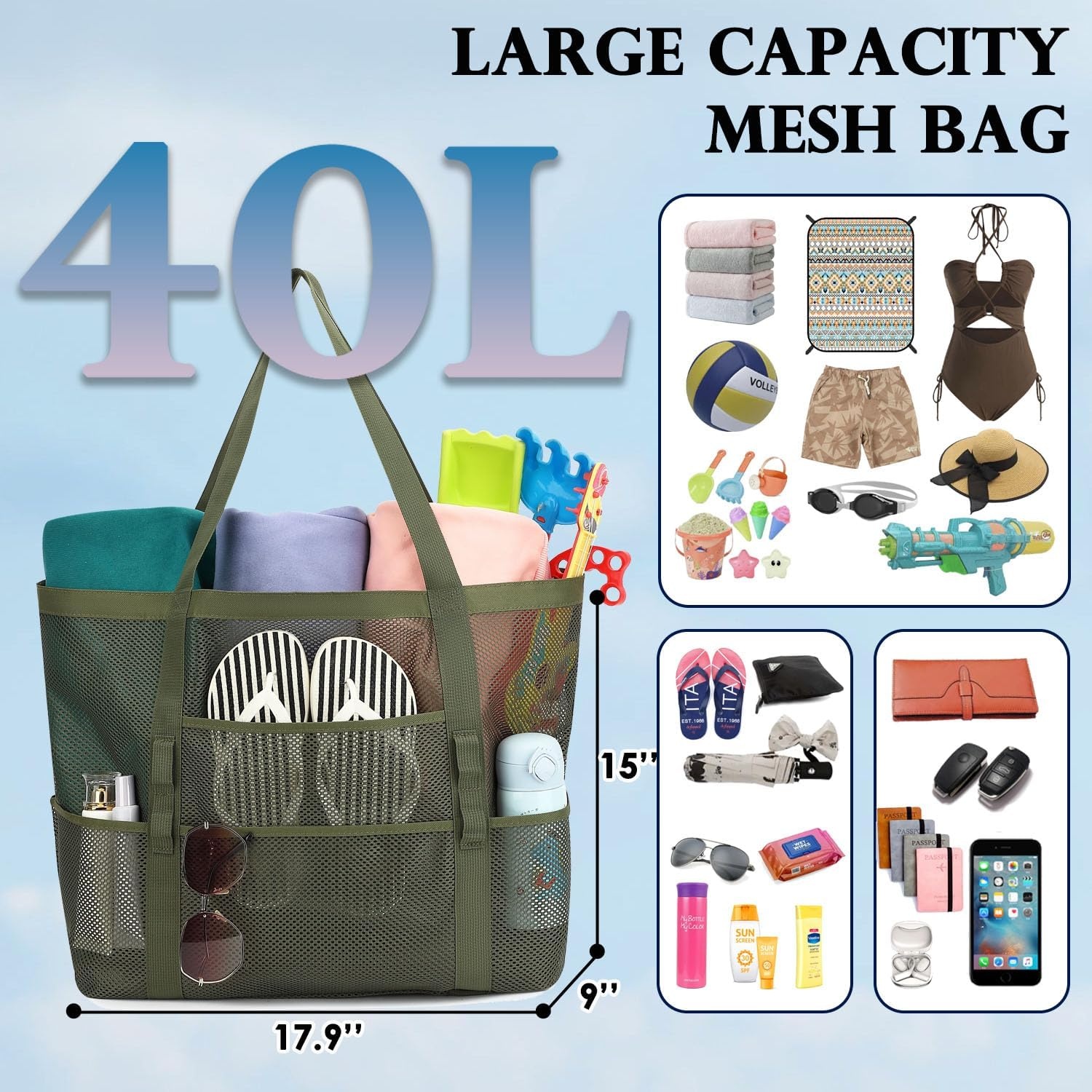 image:imageFammart Mesh Beach Bag for Women Large Beach Toy Pool Bag with Zipper Pocket SandProof Cruise Essentials 2026 Family TravelLarge Green