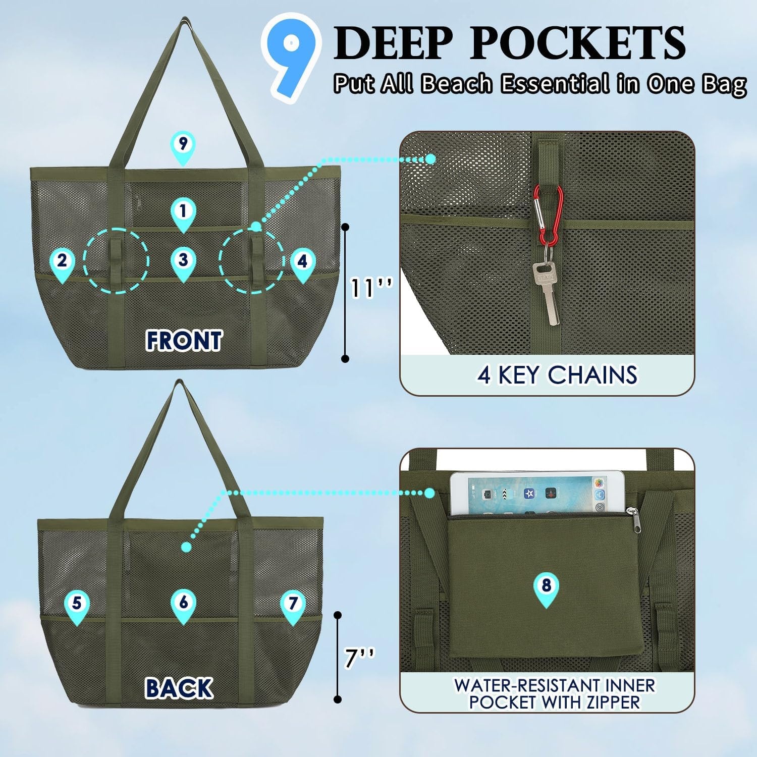 image:imageFammart Mesh Beach Bag for Women Large Beach Toy Pool Bag with Zipper Pocket SandProof Cruise Essentials 2026 Family TravelLarge Green
