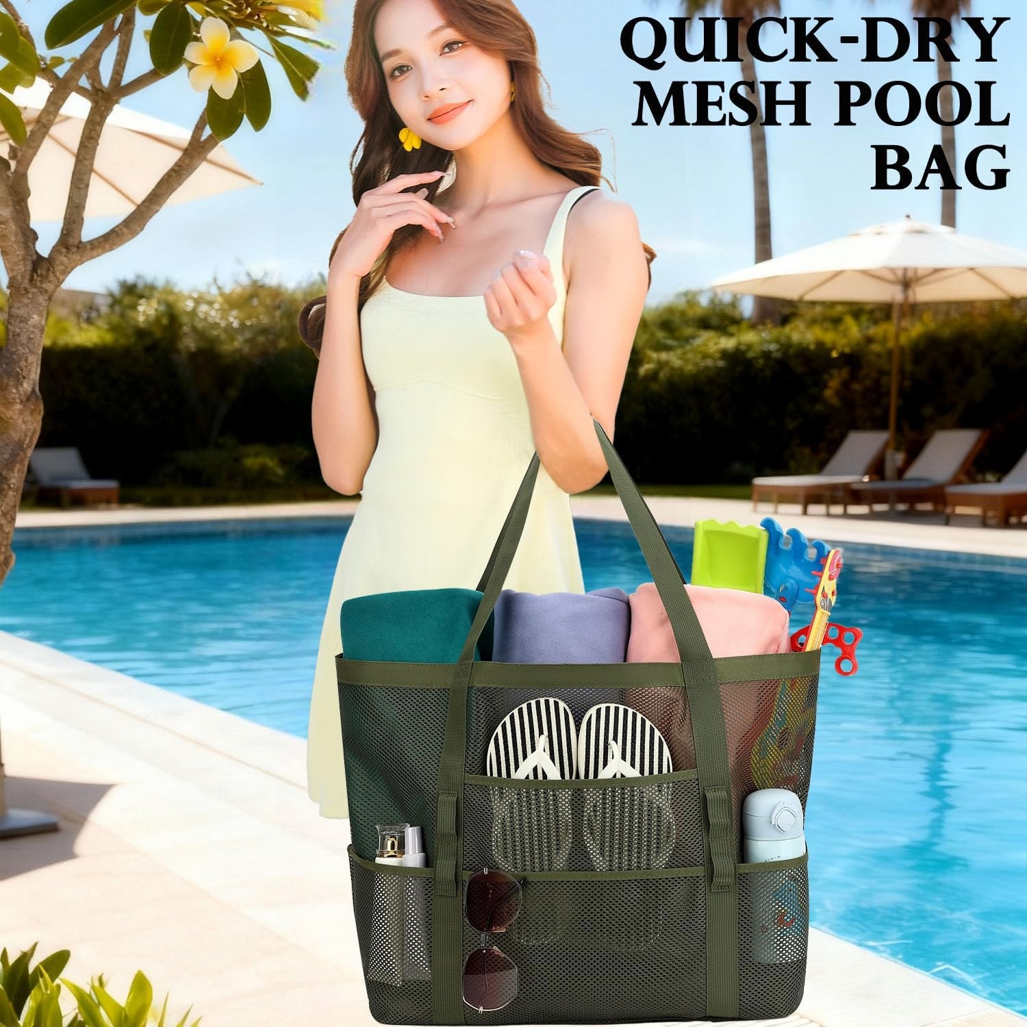 image:imageFammart Mesh Beach Bag for Women Large Beach Toy Pool Bag with Zipper Pocket SandProof Cruise Essentials 2026 Family TravelLarge Green